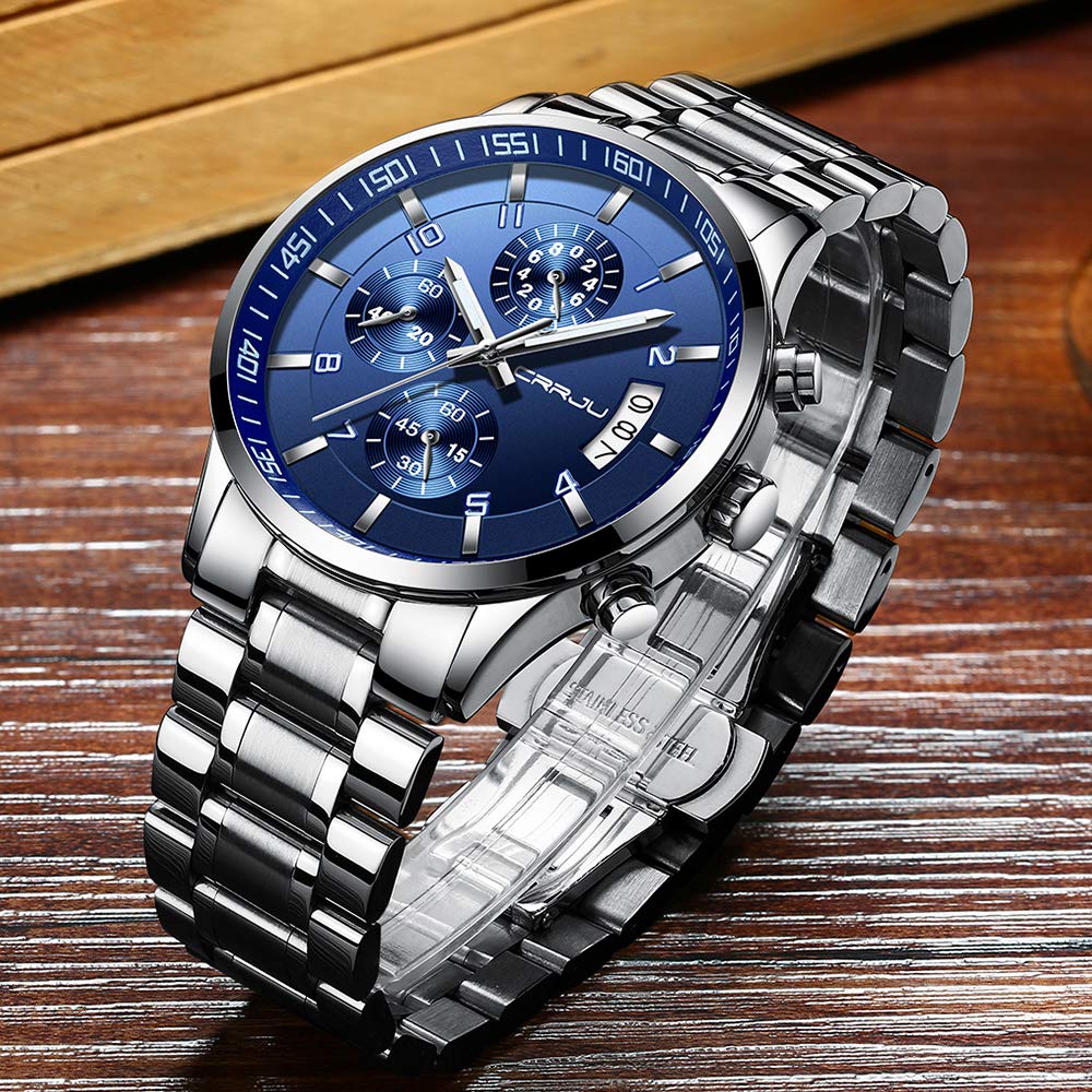 CRRJU Herren Uhr Business Edelstahl wasserdichte Chronographen mit Kalender Armbanduhr Edelstahlband Stoppuhr Analog Quarzuhr