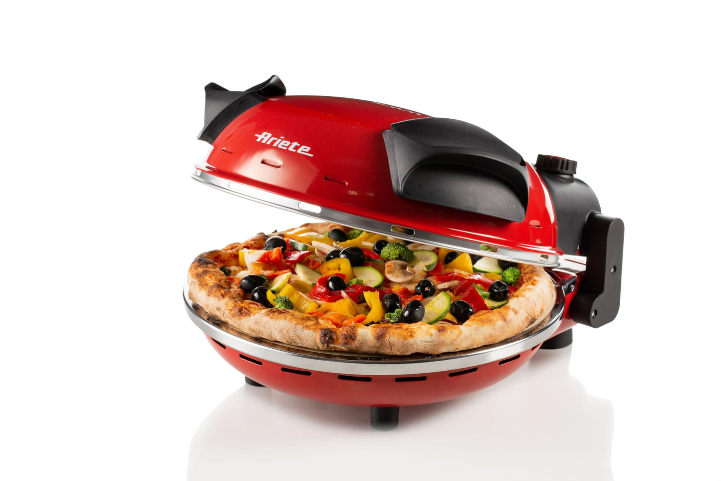 Ariete Pizzaofen 919, 4-Minuten-Pizza, Pizzaofen mit 5 Garstufen, Feuerfeste Platte zum Wiederaufwärmen, Holzbrettchen im Lieferumfang Enthalten, Max. Temperatur 400°C, 1200W, Rot