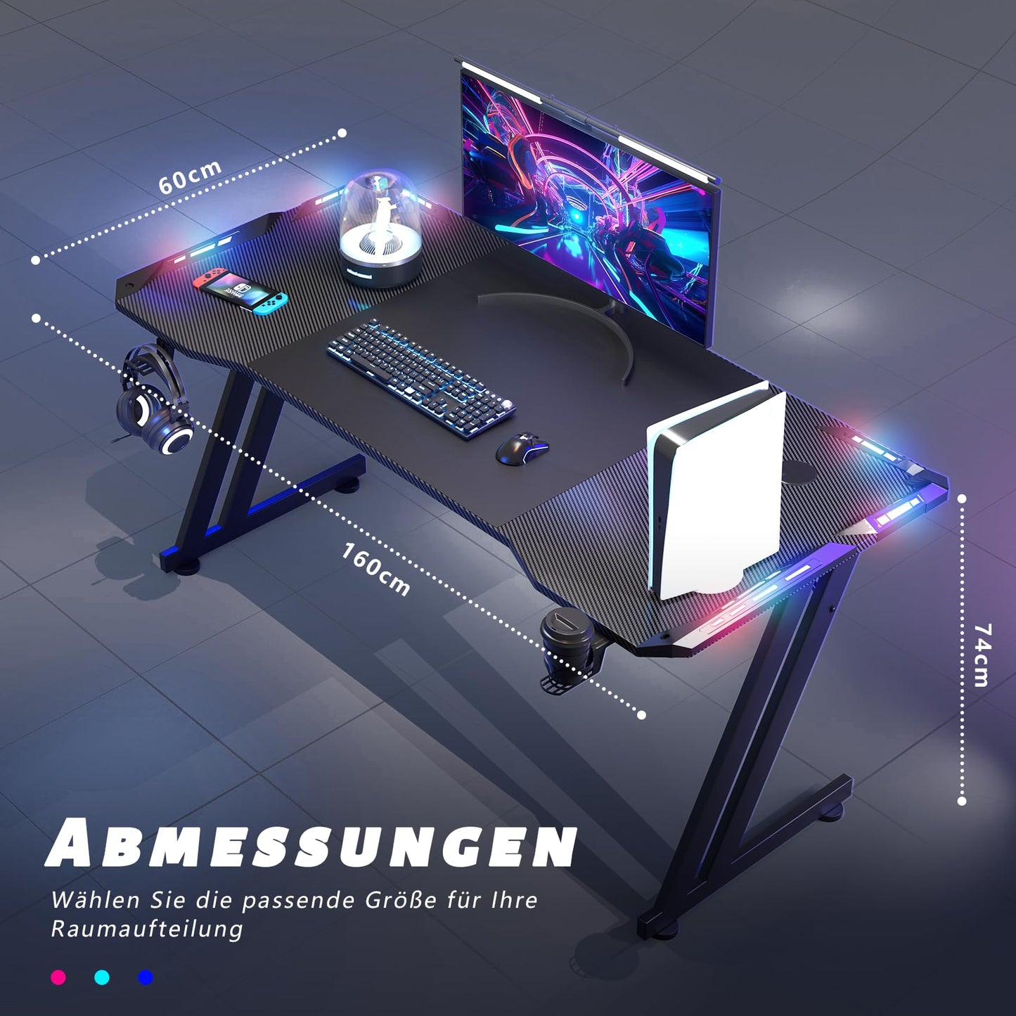 HLONONE 120 x 60 cm Gaming Tisch, Gaming Schreibtisch mit LED, PC Tisch Gaming mit Kohlefaseroberfläche, Stabiler Computertisch für Gaming mit Kopfhörerhaken und Getränkehalter, Schwarz