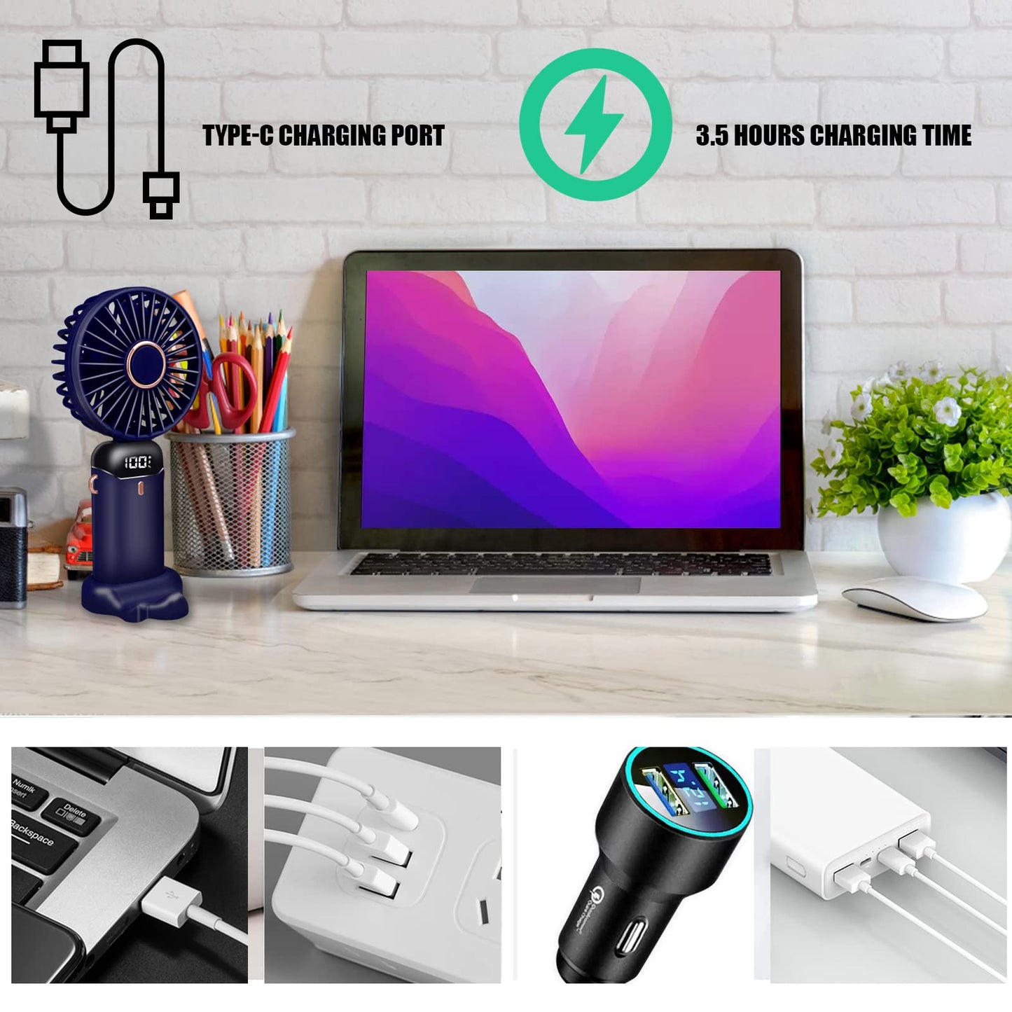 Jsdoin Handventilator, Tragbarer Mini Ventilator, Wiederaufladbar, Kleiner Taschenventilator Mit 5 Geschwindigkeitsstufen, Faltbarer USB-Ventilator für Büro, Outdoor (Dunkelblau)
