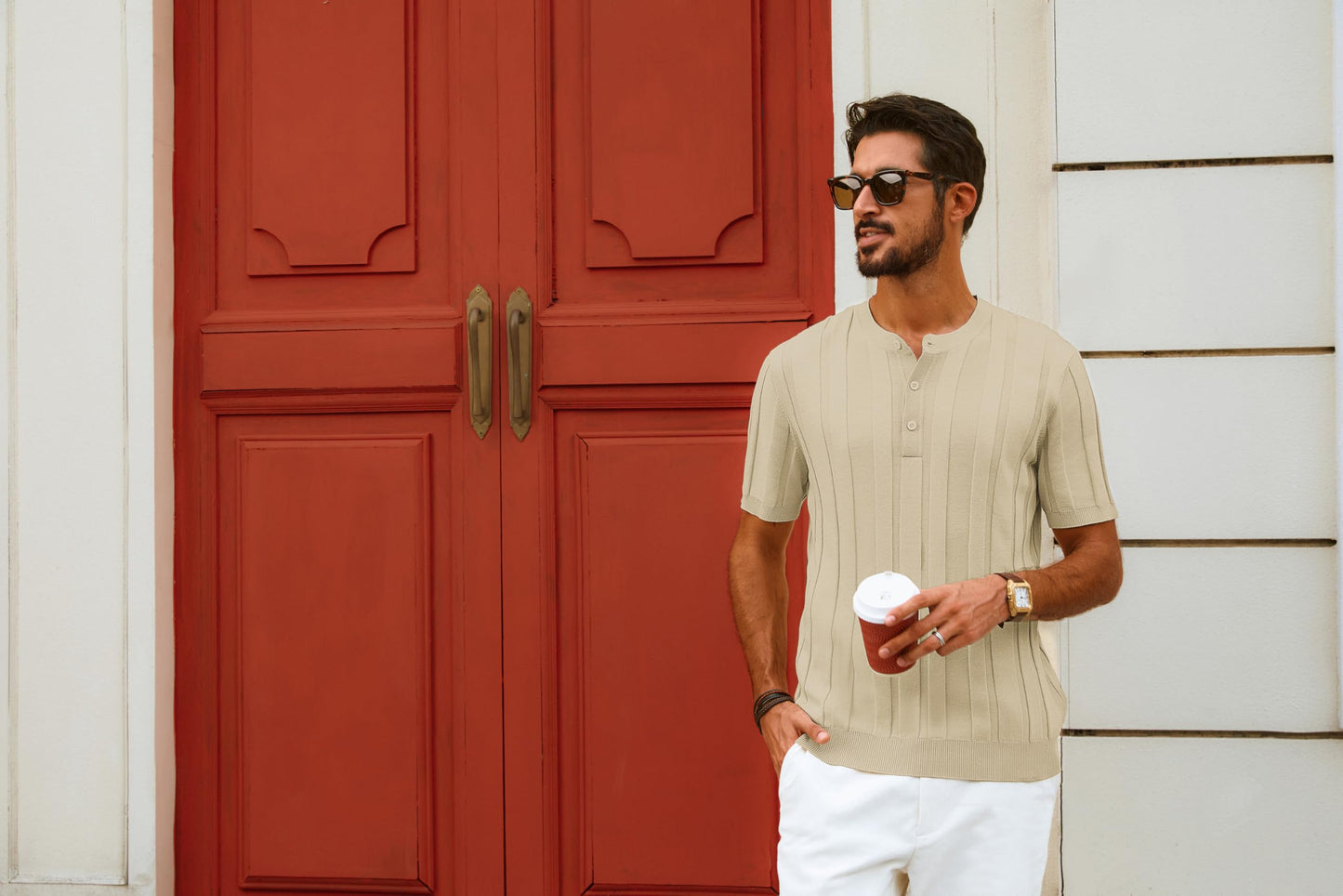 Men’s Henley Knit T-Shirt – Short Sleeve Summer Casual Tee