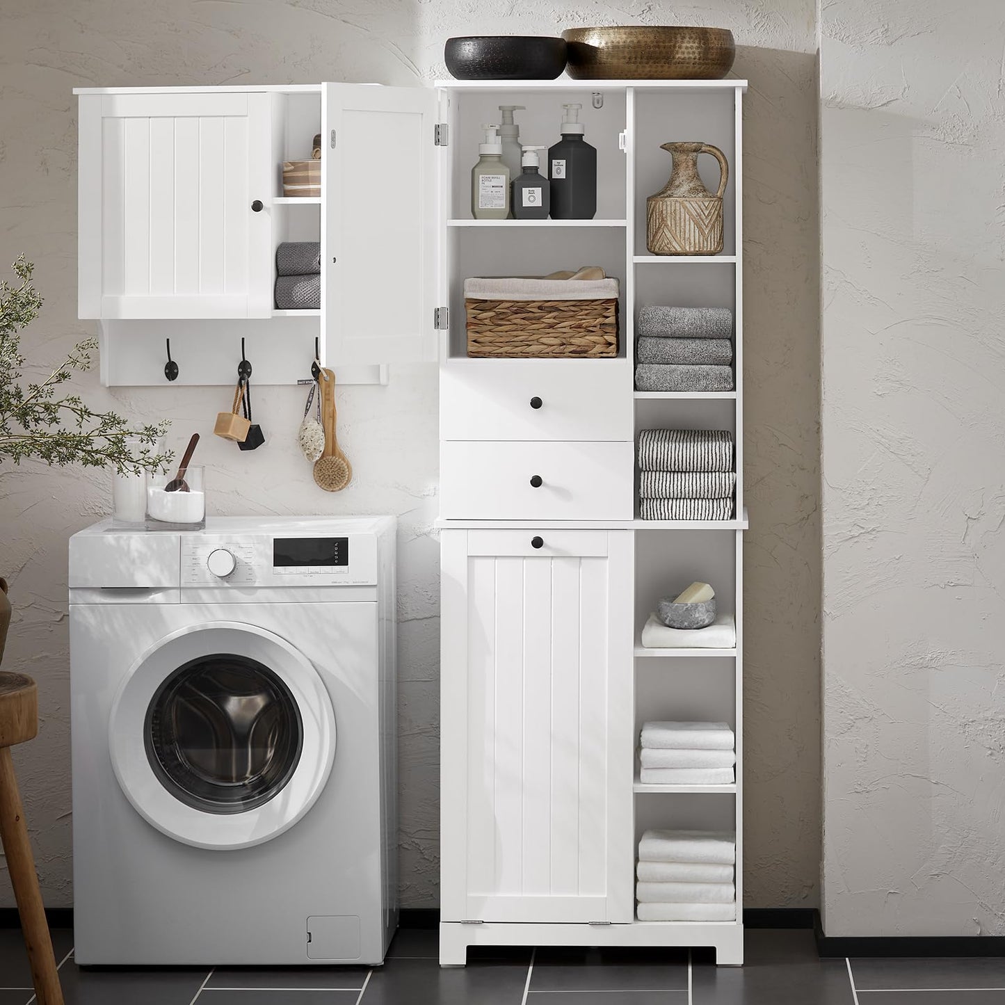 SoBuy Badezimmerschrank mit Wäschekorb Schmaler Badschrank Hoch Badregal Stehend mit 6 Ablagen und 2 Schubladen Wäscheschrank Schmal für Badezimmer Nische Weiß 60x37x171 cm BZR104-W