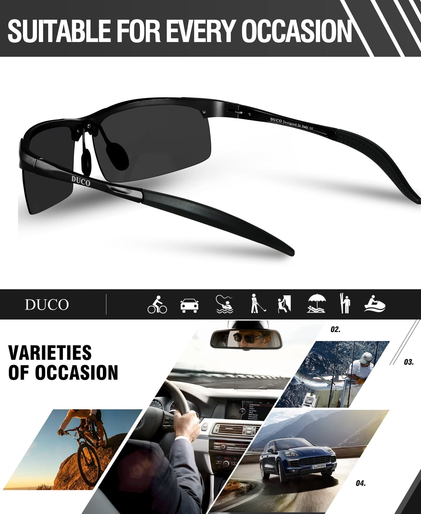 DUCO Herren Sportbrille Polarisierte Sonnenbrille Fahrerbrille Ultraleichte Al-Mg Metallrahmen UV400-Schutz Männer Sonnenbrillen 8177S