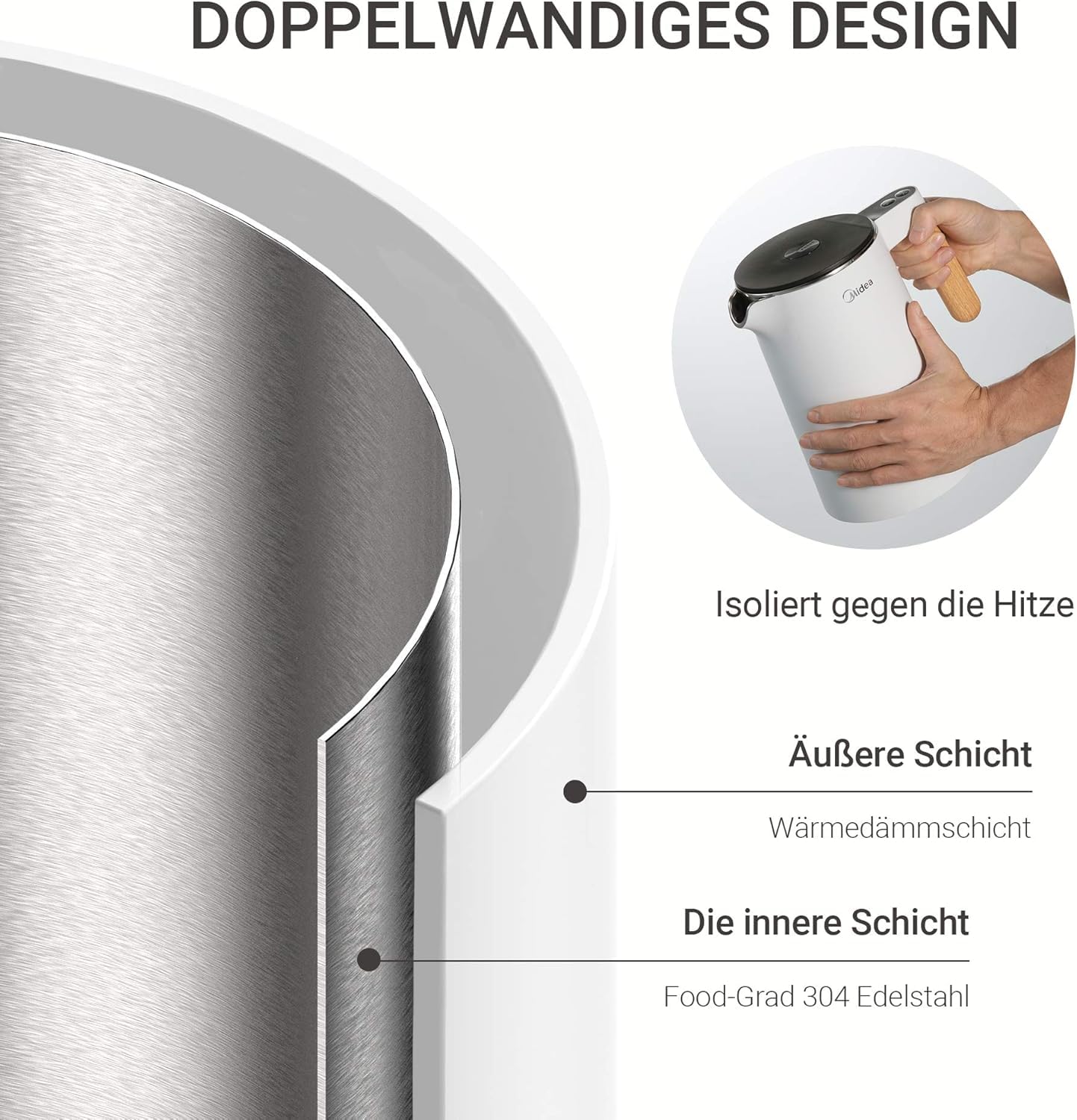 Midea Wasserkocher mit Temperatureinstellung (40, 60, 70, 80, 90, 100 Degree C),Edelstahl 1,7 Liter,Kettle 2200W mit Sichtfenster, Warmhaltefunktion für 60 Min