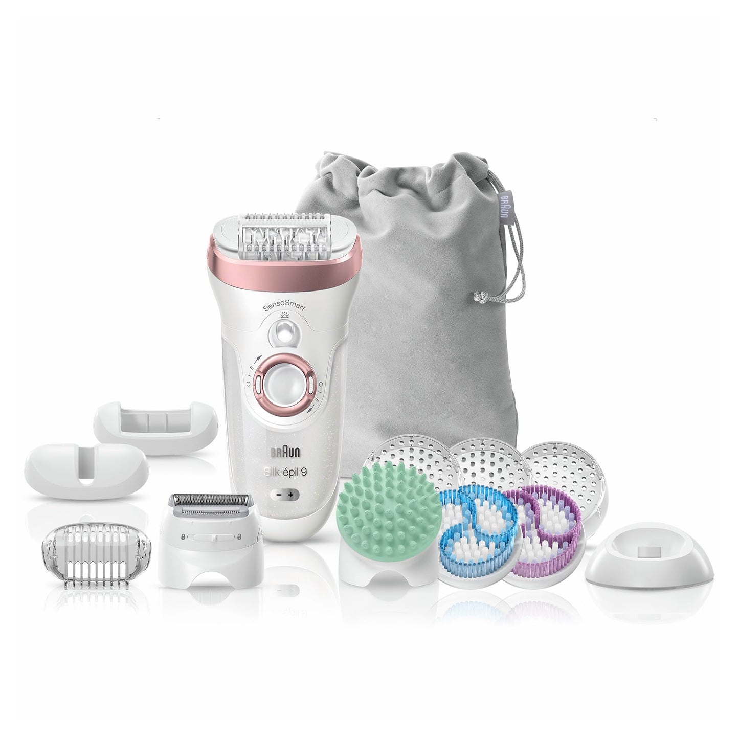 Braun Silk-épil 9 Beauty-Set, Epilierer Damen / Haarentferner, FaceSpa Gesichtshaarentferner, Aufsätze für Rasierer, Peeling, Reinigung Gesicht/Körper, Tasche, 9-995, weiß/flamingo