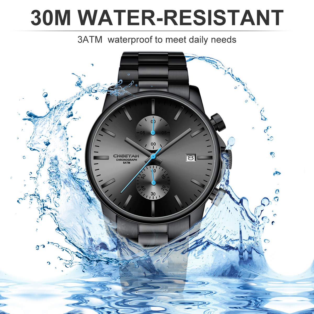 Herrenuhren mit lässiger wasserdichter Chronographen Quarzuhr aus Edelstahl und Metall, Auto Date in farbenfrohen Zeigern