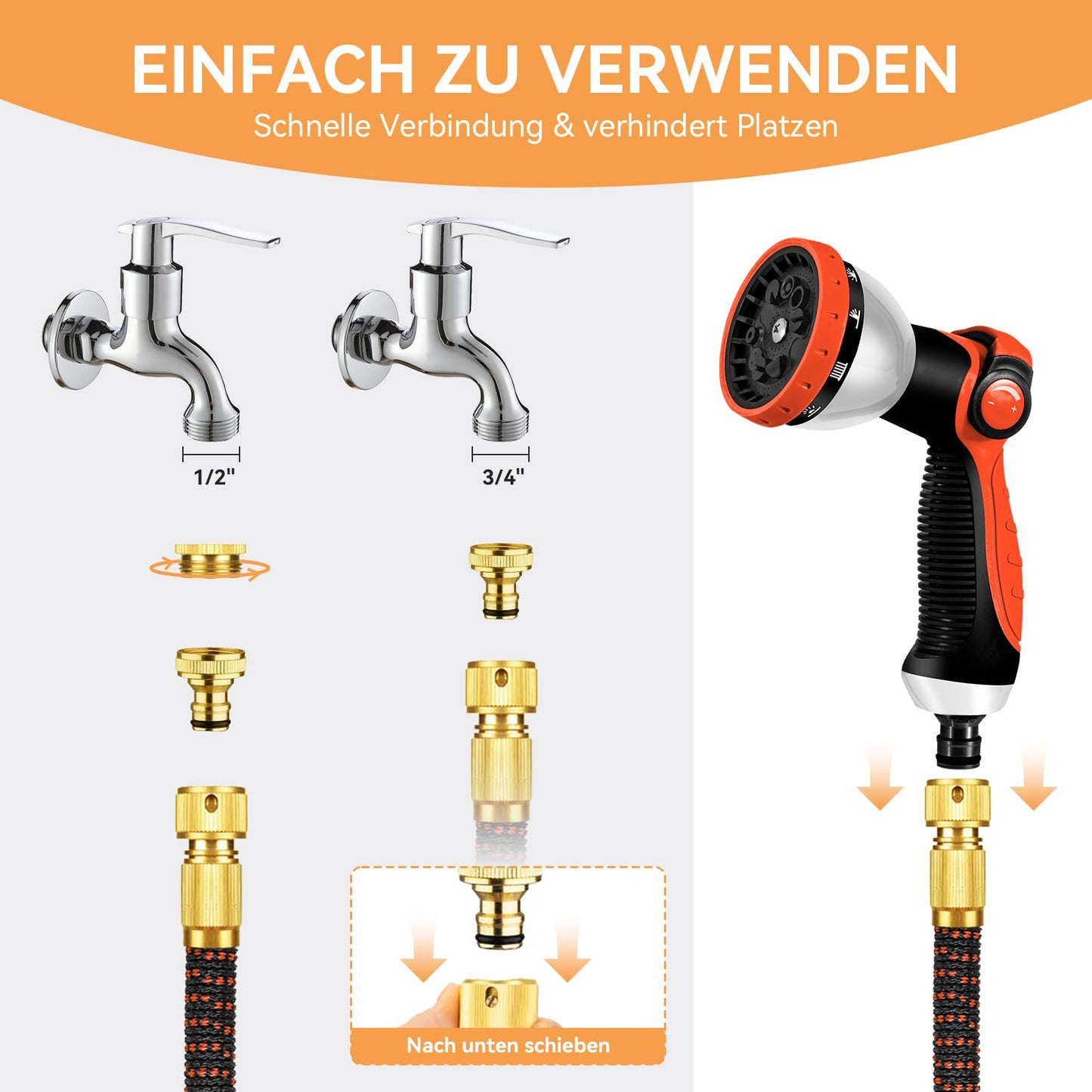 Yofidra Flexibler Gartenschlauch 30m, 3 Lagiger Latex Wasserschlauch mit 3/4 Zoll und 1/2 Zoll Metallanschlüsse, 3450D-Gewebe, Knickfrei, Strapazierfähiger Garden Hose Schlauch mit 10 Düse