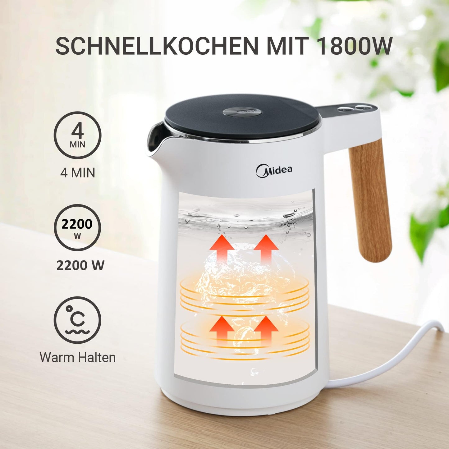 Midea Wasserkocher mit Temperatureinstellung (40, 60, 70, 80, 90, 100 Degree C),Edelstahl 1,7 Liter,Kettle 2200W mit Sichtfenster, Warmhaltefunktion für 60 Min