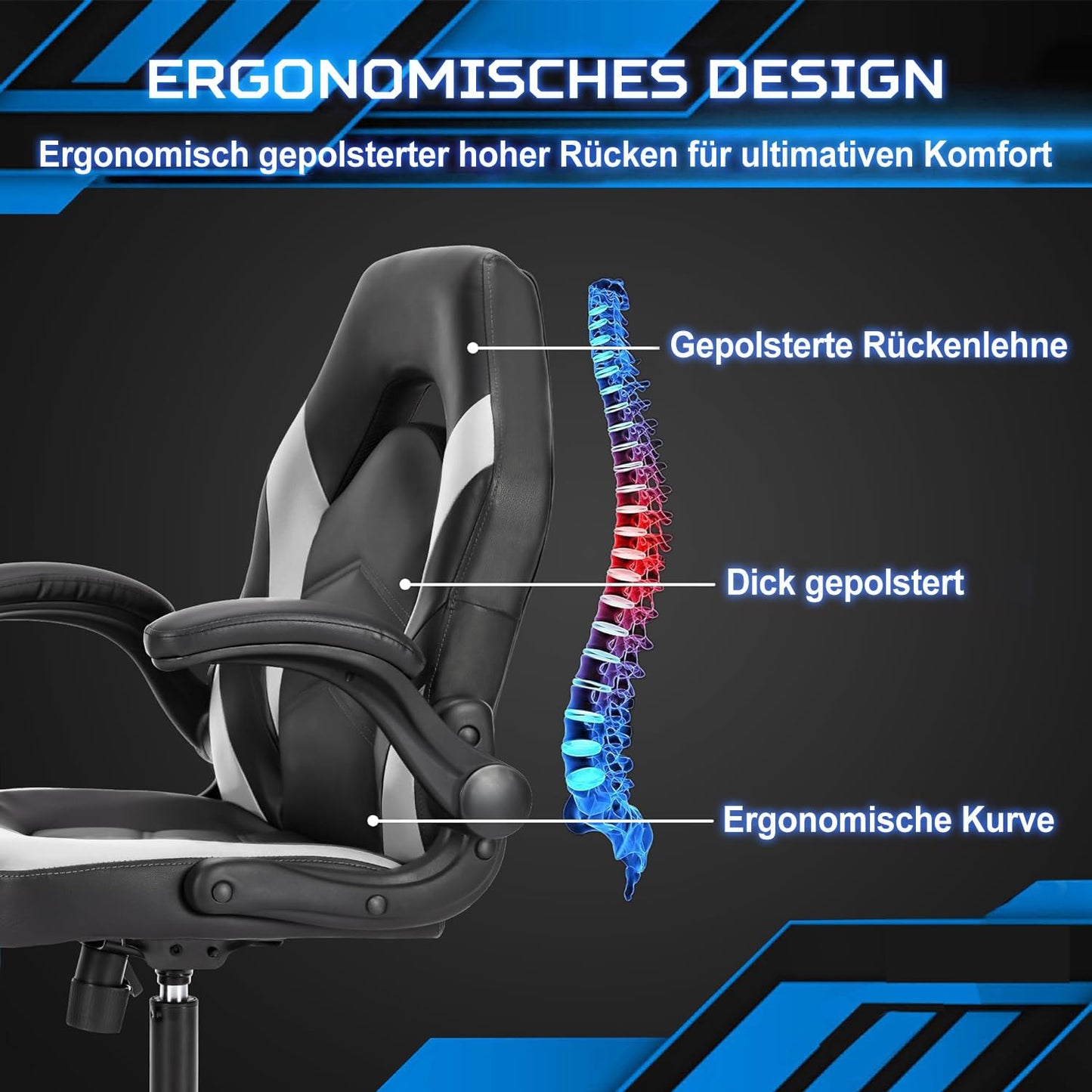 DUMOS Gaming Chair - Ergonomic Gaming Chair, Adjustable Swivel Gaming Chair Made of PU Leather with Folding Armrests, Suitable for Home, Offices etc. (Black-Gray)