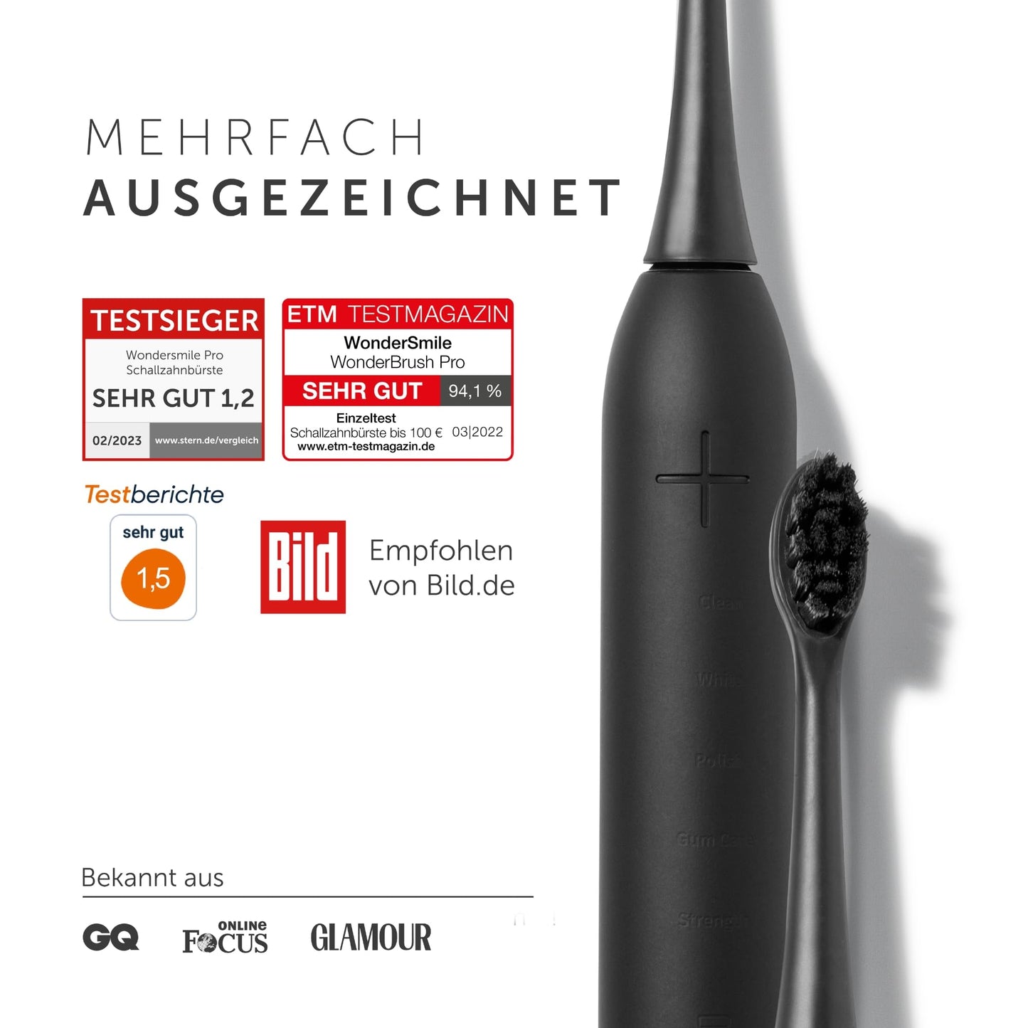 Wondersmile Schallzahnbürste PRO - Testsieger 2023-100 Tage risikofrei testen - Elektrische Zahnbürste mit 4 Putzprogrammen - Ultraschallzahnbürste mit smarten Bürstenkopf (1er Set, Ultimate Black)