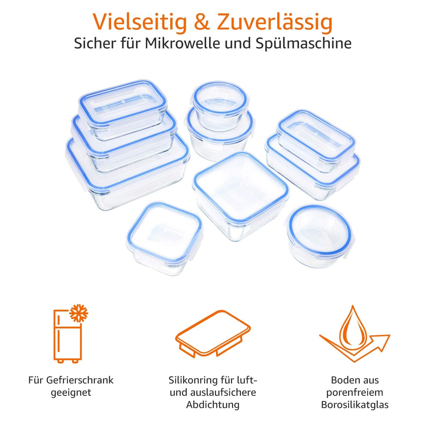 Frischhaltedosen aus Glas für Lebensmittel, 14er-Pack (7 Behälter + 7 Deckel), BPA-freie (7er Pack) , Transparent, Blau