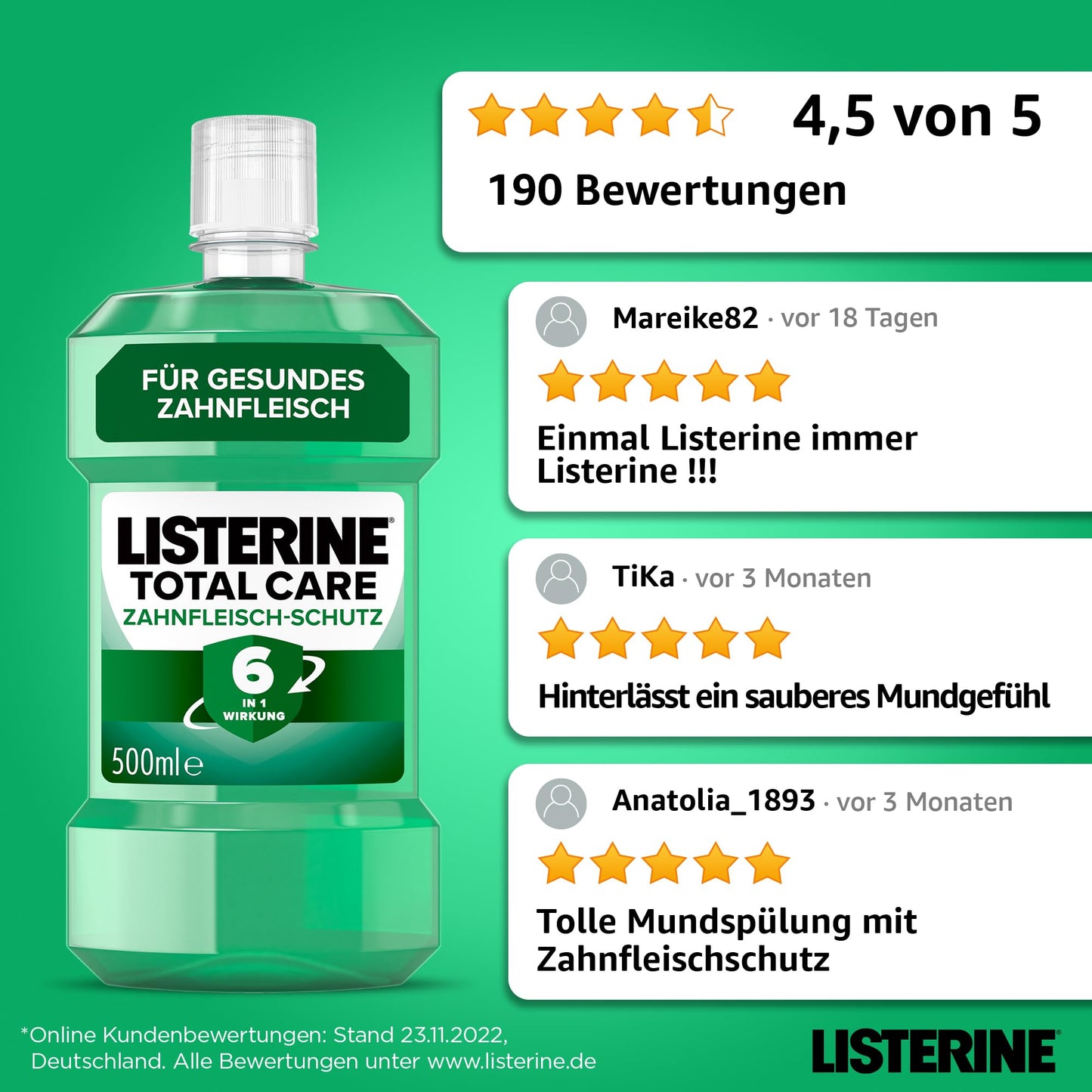 LISTERINE Total Care Zahnfleisch-Schutz (6 x 500 ml), antibakterielle Mundspülung mit Fluorid für gesundes Zahnfleisch, Zahnpflege Mundwasser reduziert Zahnbelag mit 6 in 1 Wirkung