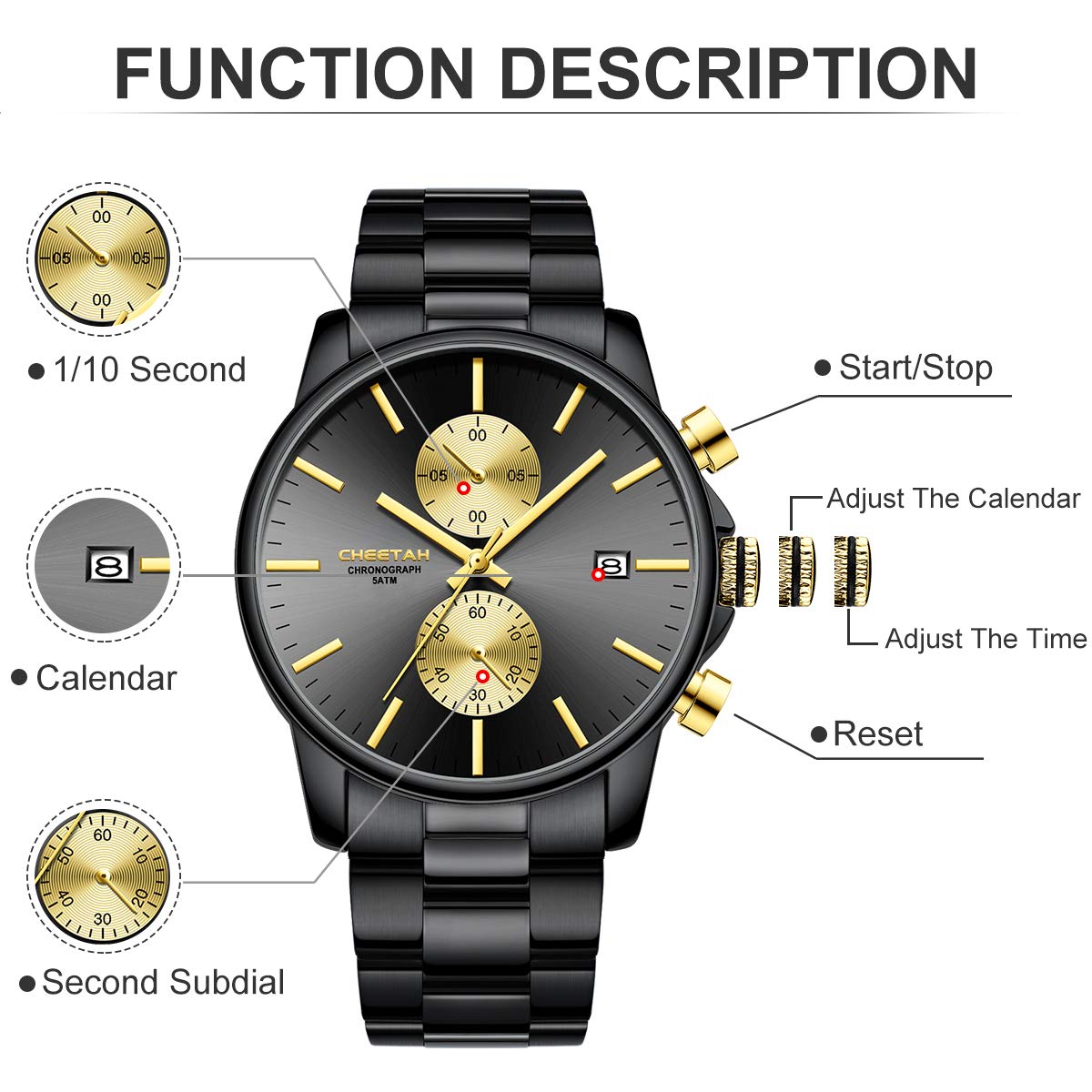 Herrenuhren mit lässiger wasserdichter Chronographen Quarzuhr aus Edelstahl und Metall, Auto Date in farbenfrohen Zeigern