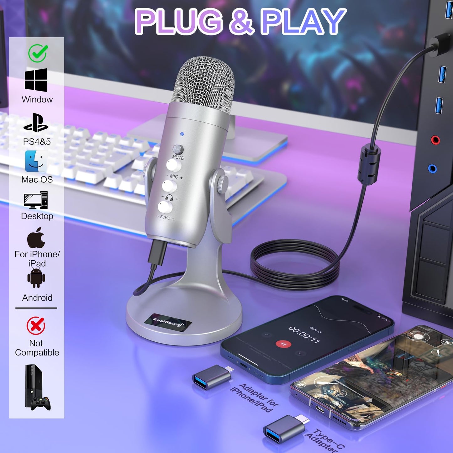 zealsound USB Mikrofon, Kondensator Mikrofon für PC Handy, PS4, PS5, Microphone PC USB C für Gaming, Podcast,Aufnahmen,Streaming,ASMR mit Stumm/Gain/Echo, Adapter für Phone,Kompatibel mit Mac, Winows