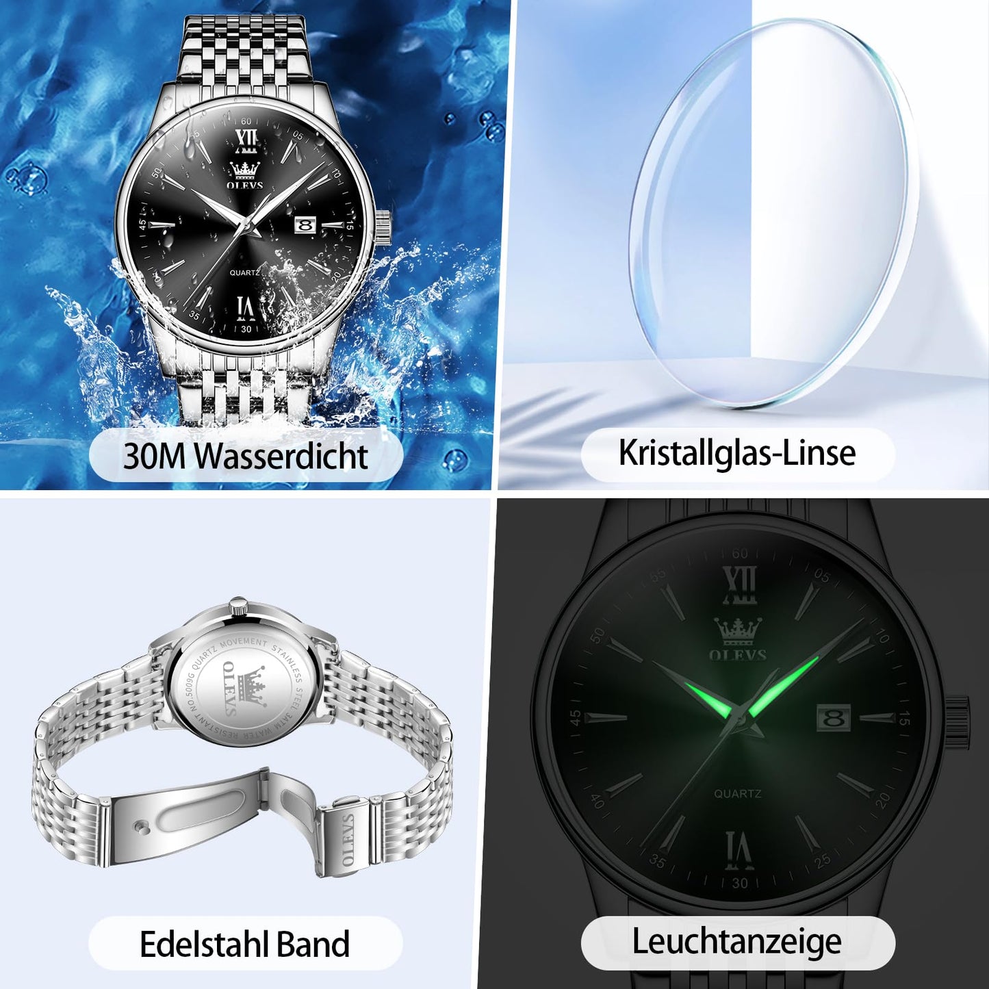 OLEVS Uhren Herren, Analoge Quarz Leucht Armbanduhr, wasserdichte Datum Edelstahl Herrenuhr, Klassische Mode Business Freizeituhren, Elegantes Geschenk für Männer