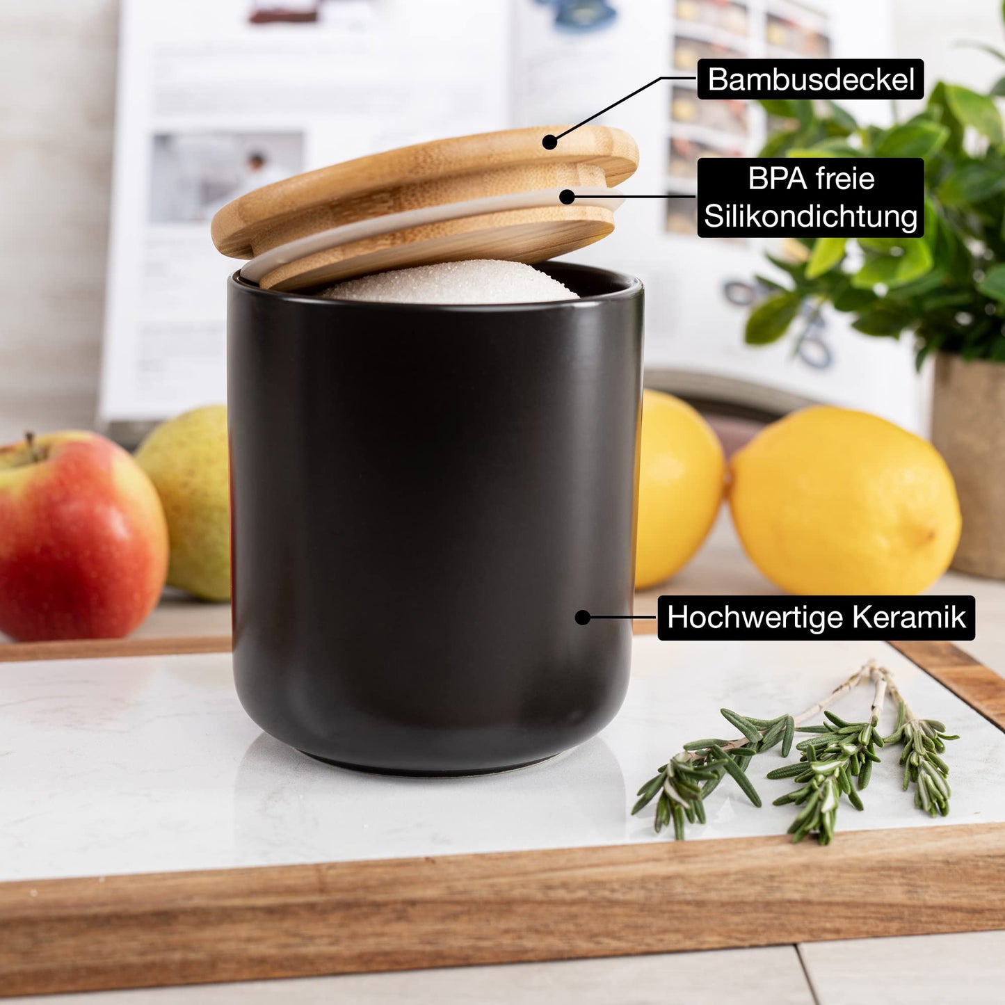 Moritz & Moritz 3x Vorratsdosen Schwarz 400ml, 600ml & 900 ml - Beschreibbar – 3x Keksdosen Keramik mit Deckel aus Bambus – Keramik Aufbewahrungsdose