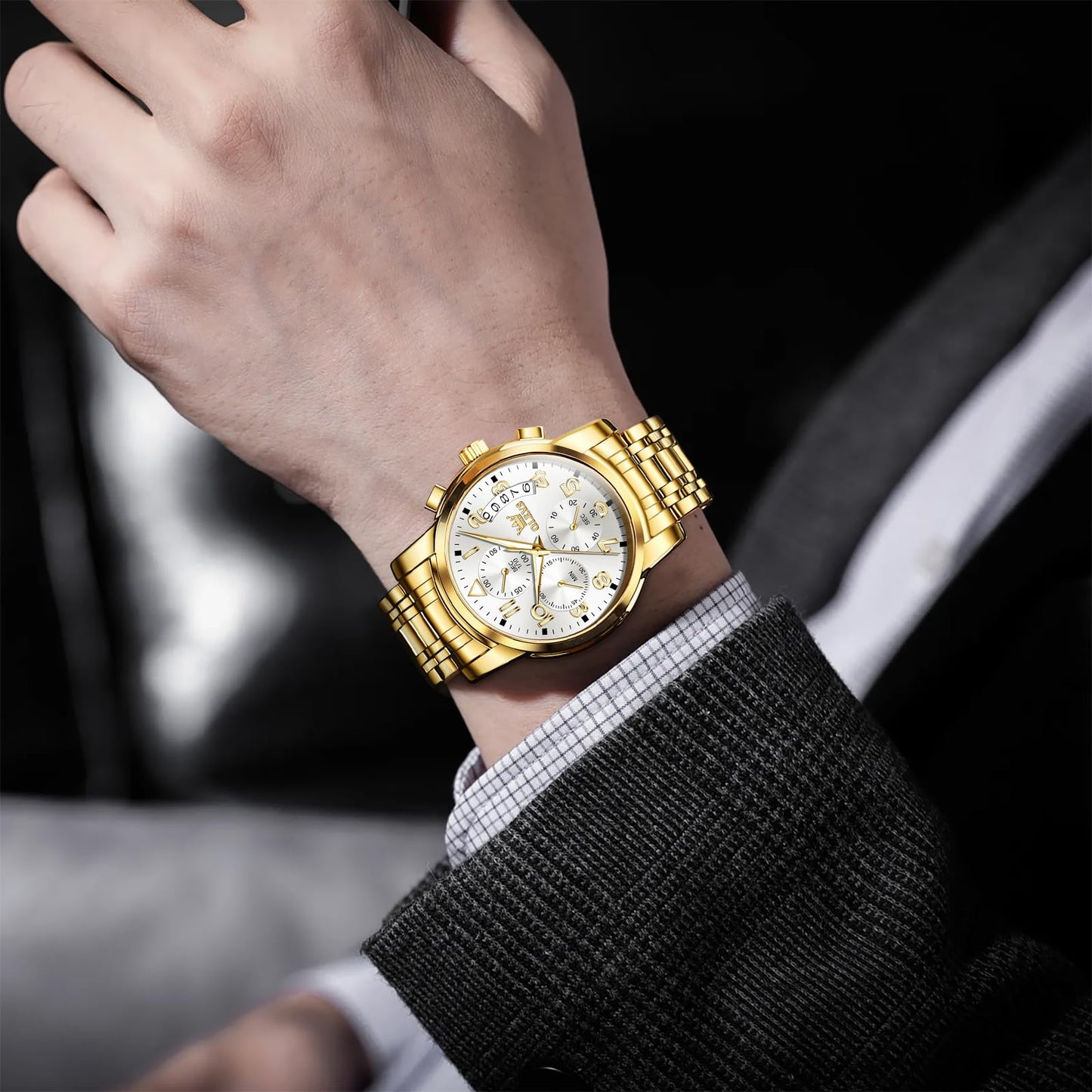 OLEVS Uhren Herren, Edelstahl Analoger Quarzuhr, Multifunktionale Diamanten Herrenuhren, Klassisches Luxuskleid Herrenuhr