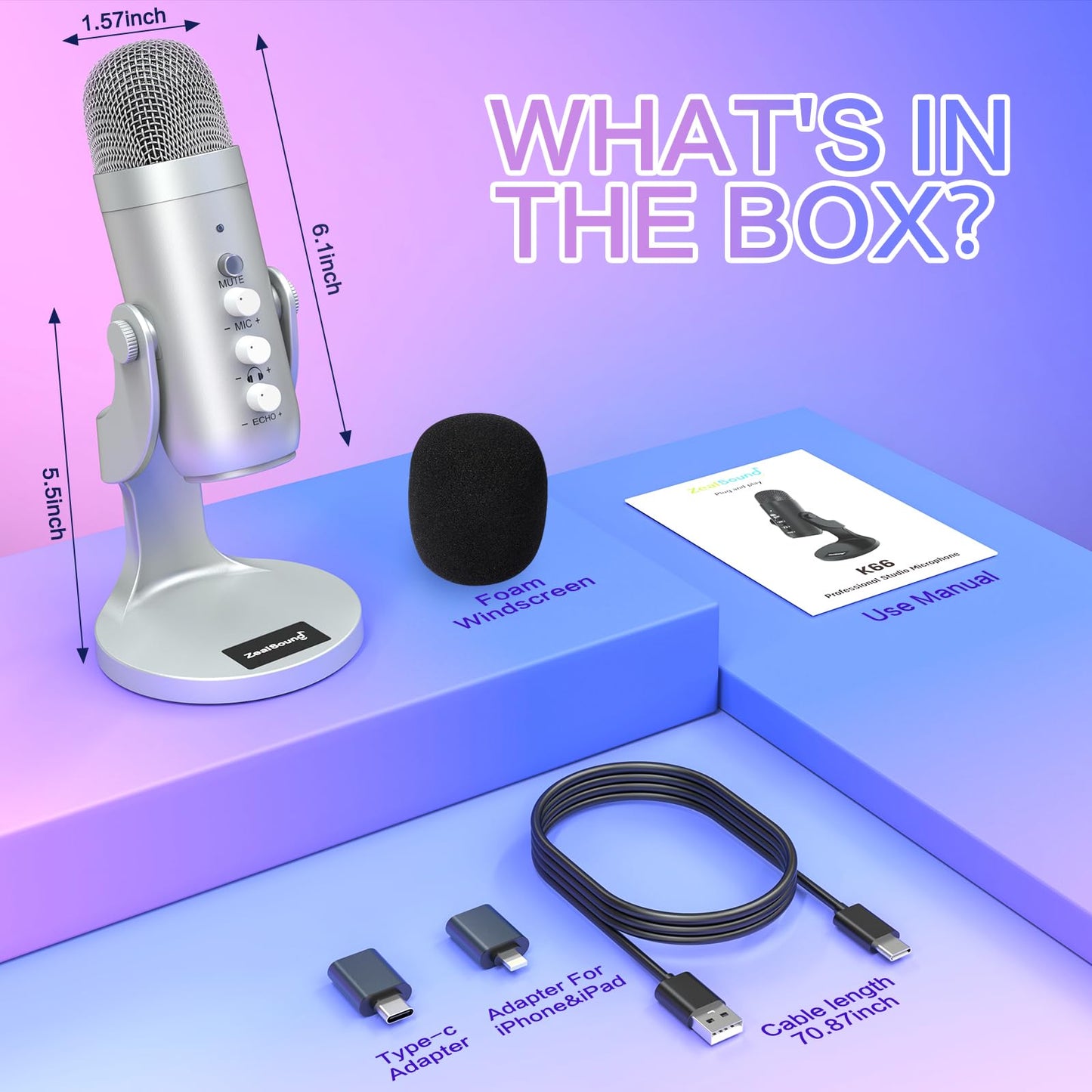 zealsound USB Mikrofon, Kondensator Mikrofon für PC Handy, PS4, PS5, Microphone PC USB C für Gaming, Podcast,Aufnahmen,Streaming,ASMR mit Stumm/Gain/Echo, Adapter für Phone,Kompatibel mit Mac, Winows