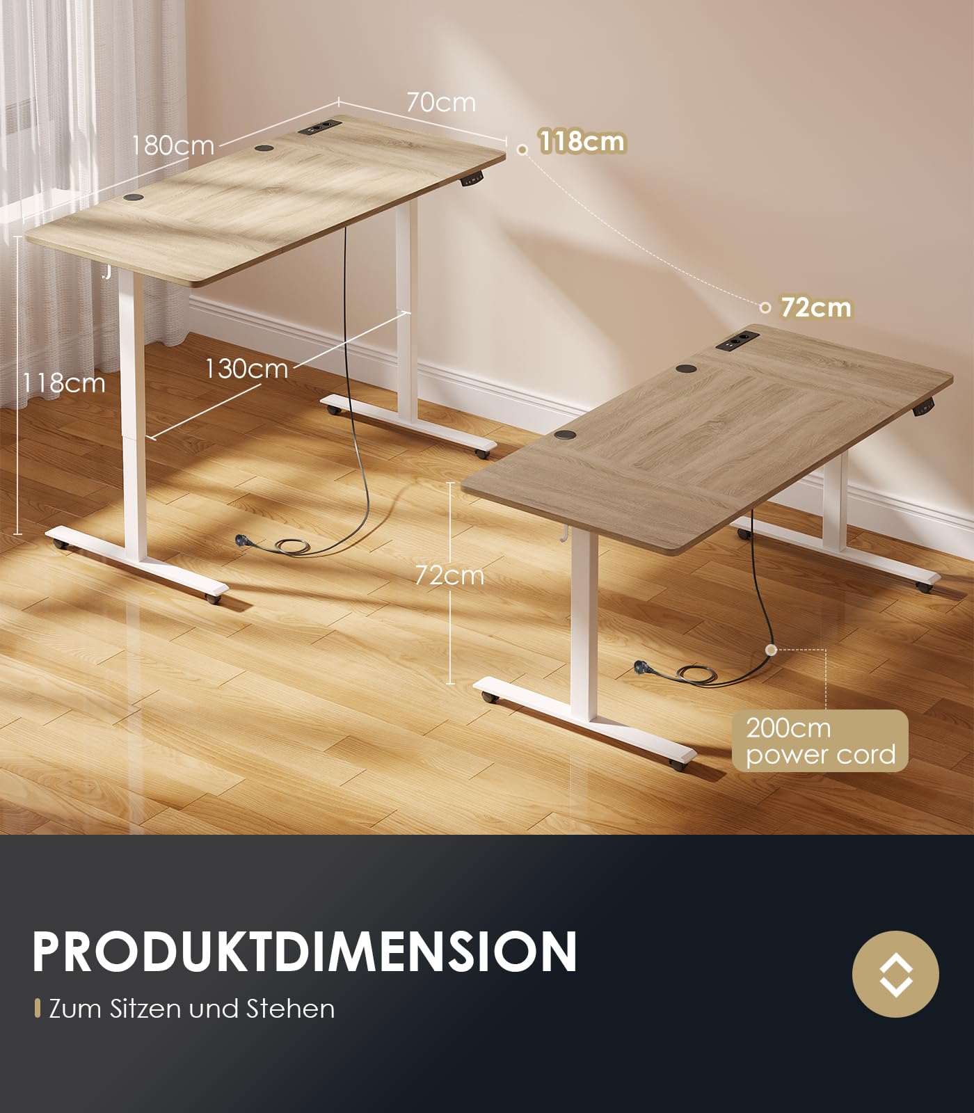 OffiGo Höhenverstellbarer Schreibtisch, 180cm, Elektrischer Schreibtisch mit USB, Schreibtisch Höhenverstellbar mit 2 Memory Funktion, Tisch Höhenverstellbar für Büro, Zuhause, Gaming, Schwarz