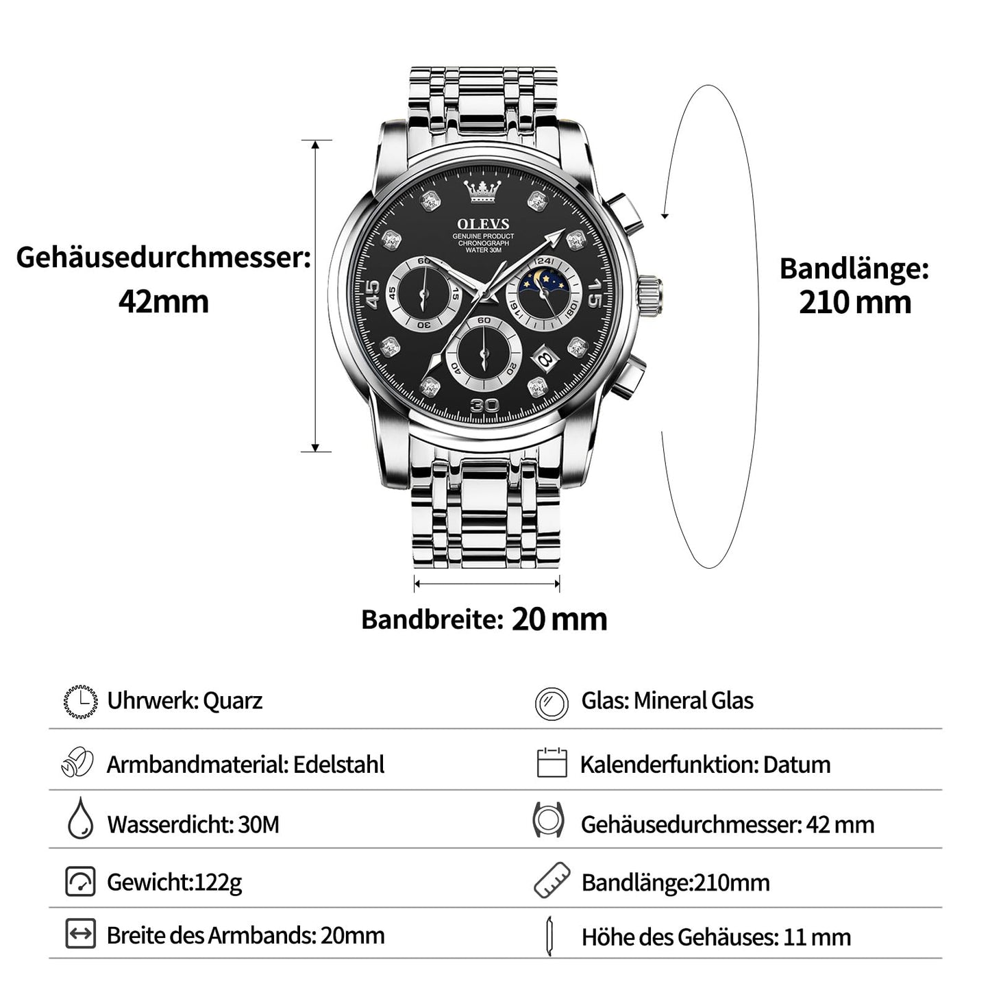 OLEVS Uhren Herren, Edelstahl Analoger Quarzuhr, Multifunktionale Diamanten Herrenuhren, Klassisches Luxuskleid Herrenuhr