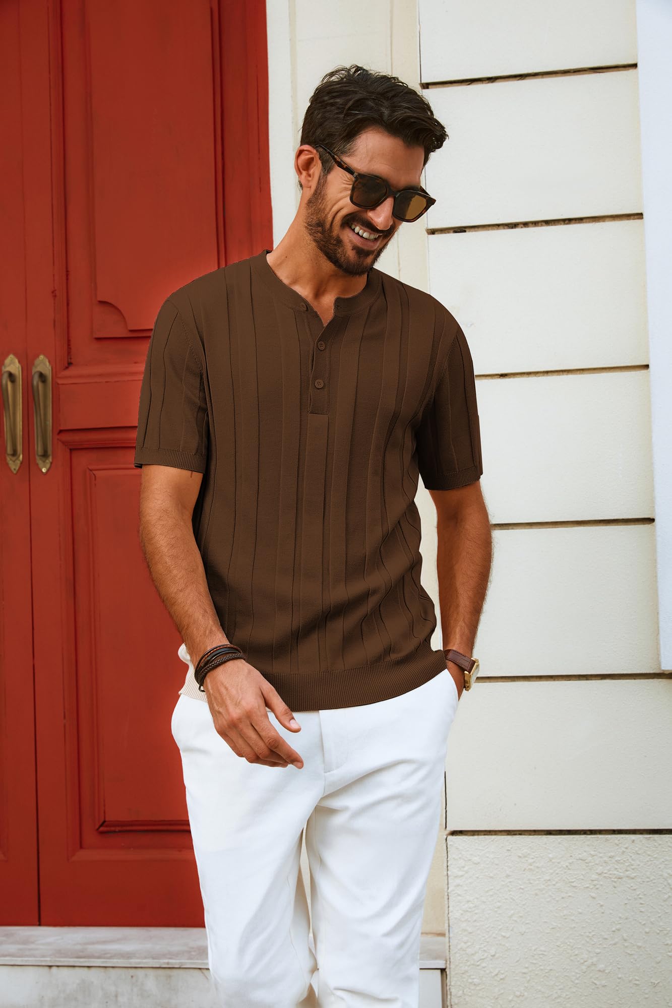 Men’s Henley Knit T-Shirt – Short Sleeve Summer Casual Tee