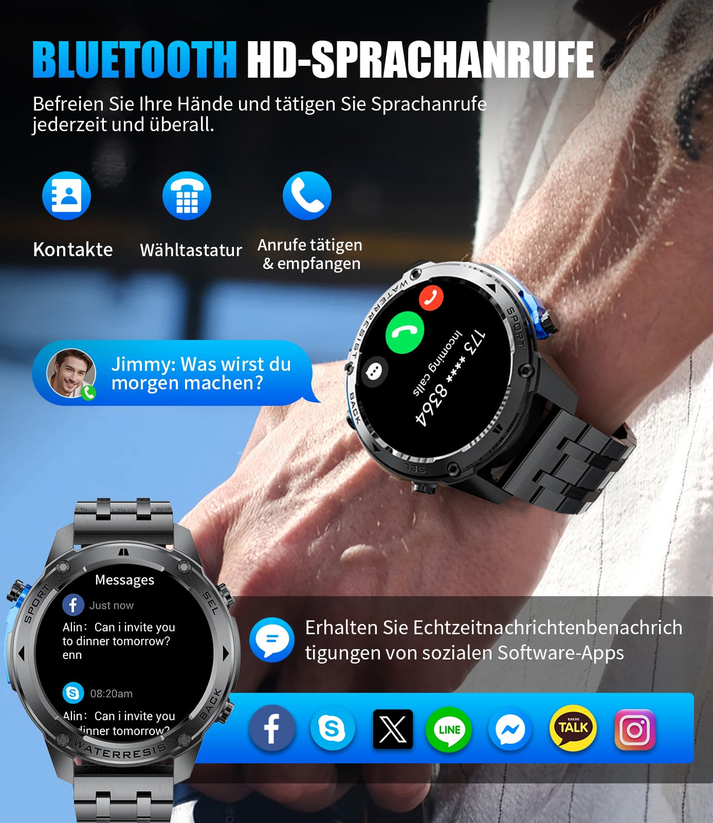 LIGE GPS Smartwatch Herren,1,43" HD AMOLED Smartwatch mit Telefonfunktion,Fitnessuhr,Gunmetal Militär Uhr mit 170+ Sportmodi,Herz-/Schlaftracking/Kompass,5ATM Wasserdicht Sportuhr für iOS/Android