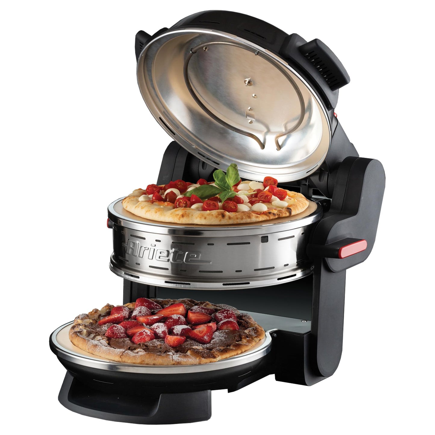 Ariete Pizzaofen 919, 4-Minuten-Pizza, Pizzaofen mit 5 Garstufen, Feuerfeste Platte zum Wiederaufwärmen, Holzbrettchen im Lieferumfang Enthalten, Max. Temperatur 400°C, 1200W, Rot