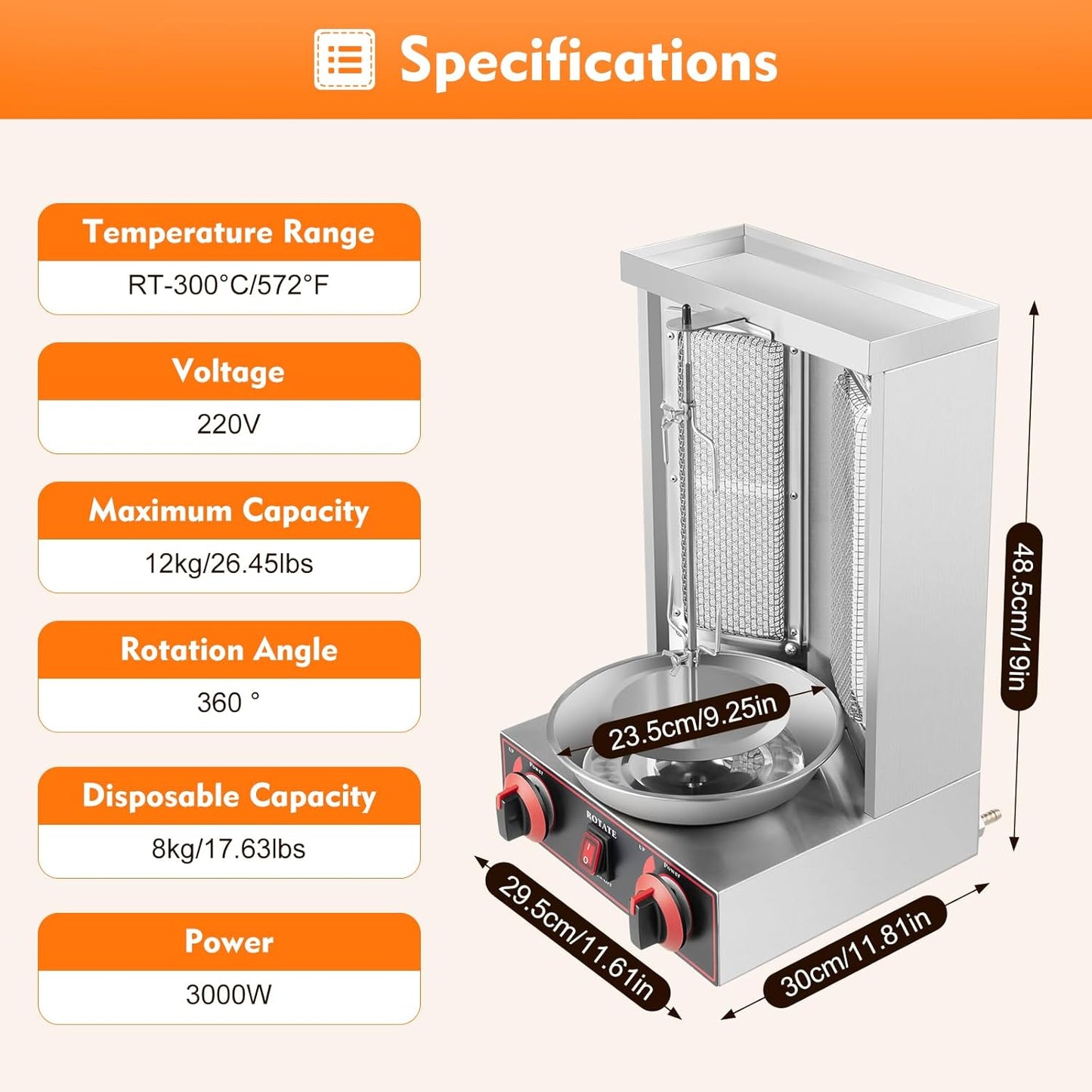 Doner Grill Gas Kebab Machine Vertical Gyros Grill Adjustable Fire Power 360° Rotate Chicken Grill Table Grill Gyros Grill for Home