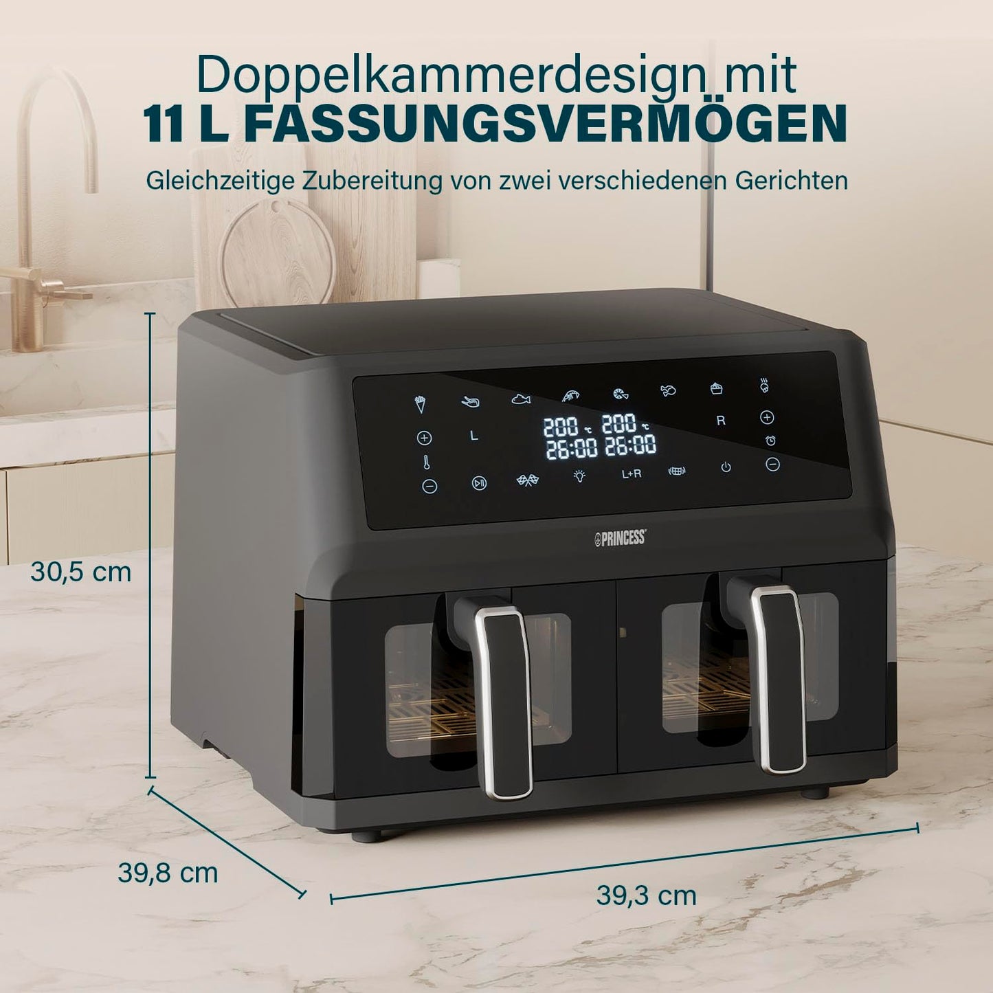 Princess Digital Hot Air Fryer - 6.5 L - with Removable Divider - 60 Percent Less Energy Consumption - Digital Touchscreen - 12 Programmes - Oil Free - Black - 182061