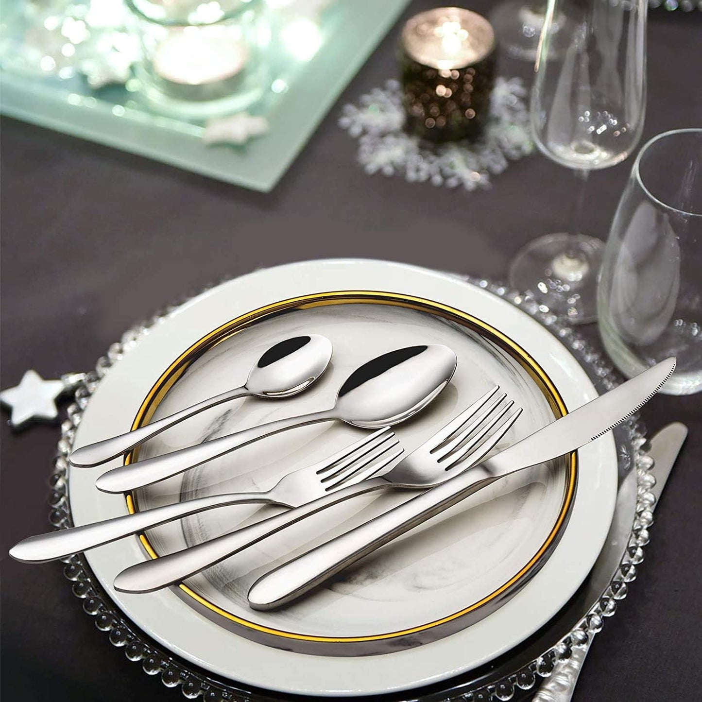 48 teiliges Besteck Set 8 Personen, Edelstahl Besteckset mit Servierbesteck, Essbesteck mit Gabeln Messer Löffel Servierset, poliert, Spülmaschinenfest