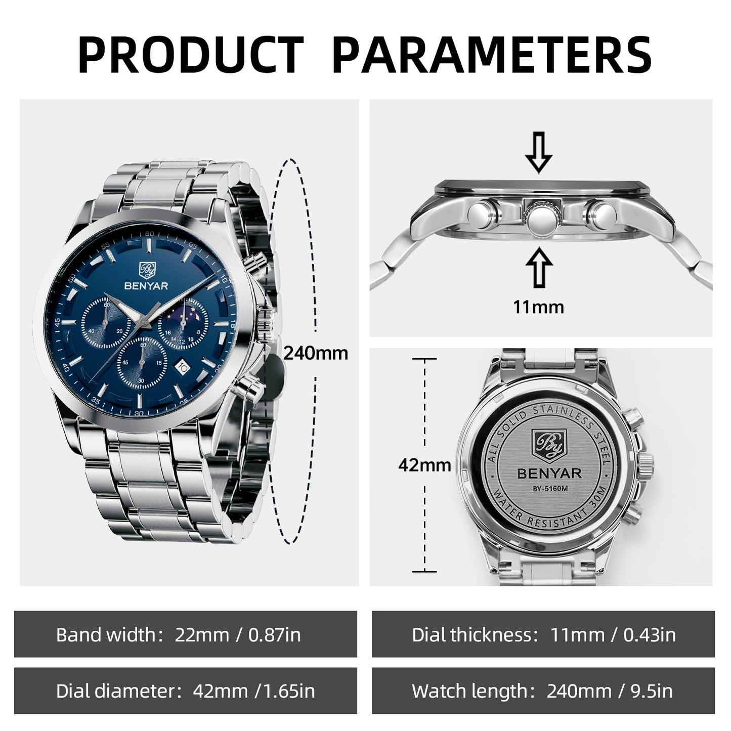BY BENYAR Uhren Herren Chronograph Analog Quarz Wasserdicht Armbanduhr Herren Mode Lässig Business Herrenuhr mit Kalender Lederarmband/Edelstahlarmband Uhr Geschenk für Männer