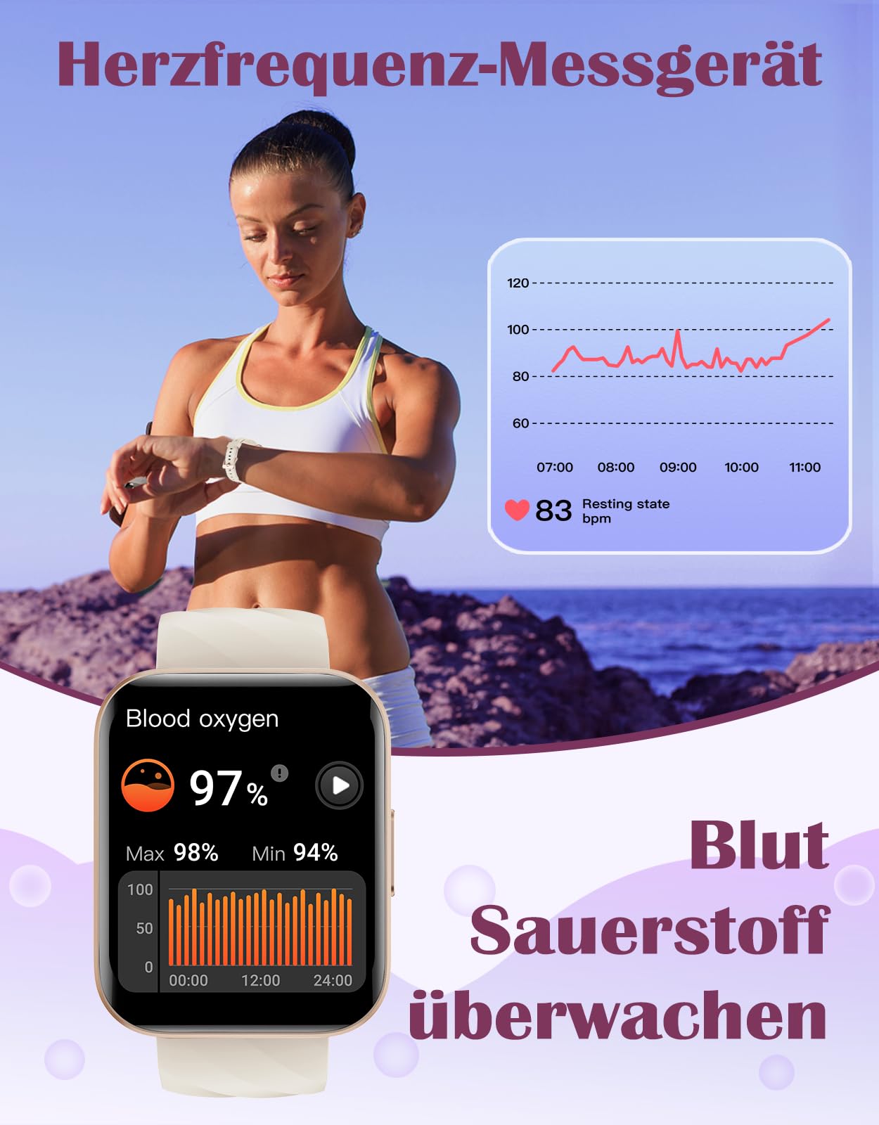 RUIMEN Smartwatch Damen Herren mit Telefonfunktion Fitnessuhr Schrittzähler Uhr mit Pulsmesser SpO2 Messung Schlafüberwachung Nachrichten Multi Trainingsmodi Smart Watch Wasserdicht Für Android iOS
