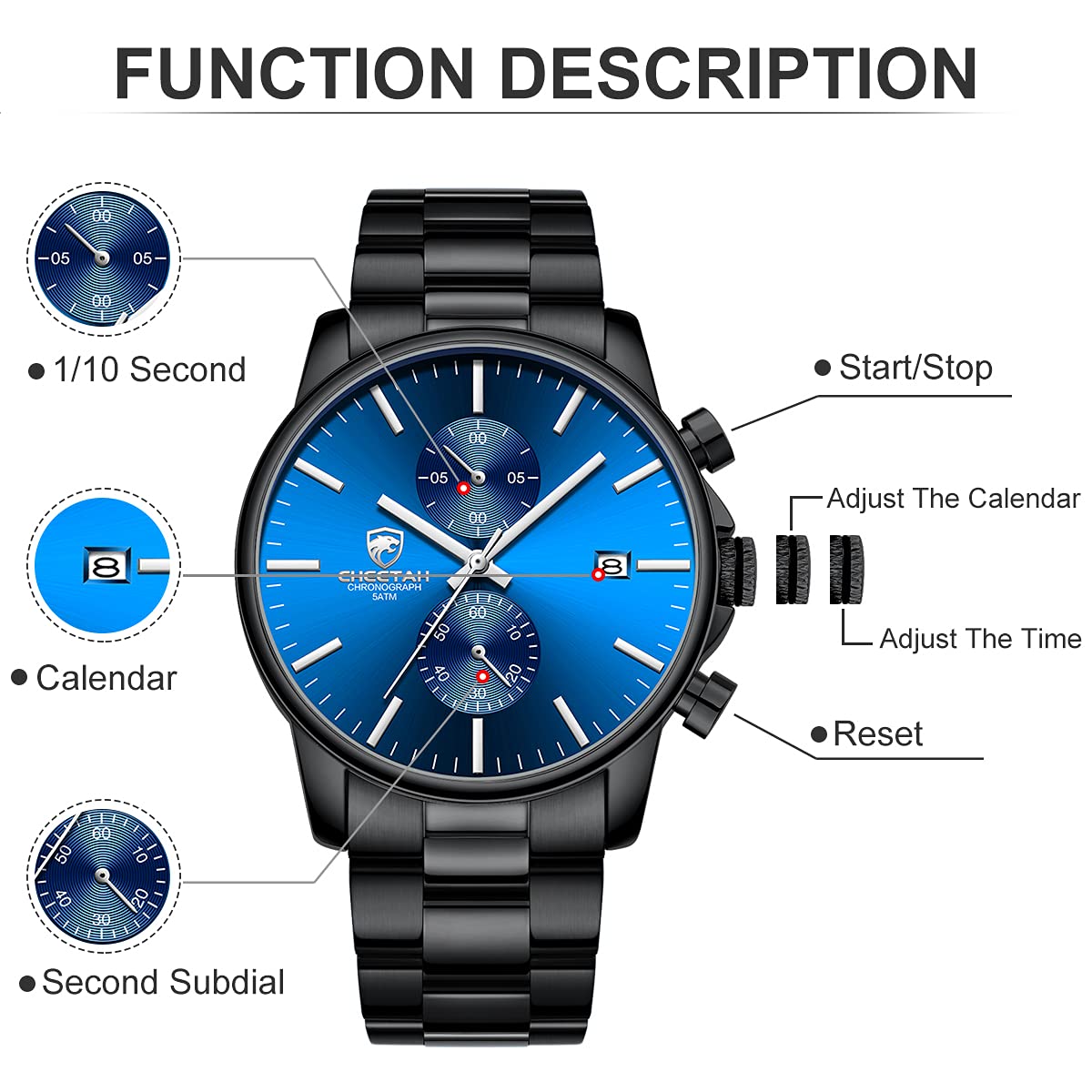 Herrenuhren mit lässiger wasserdichter Chronographen Quarzuhr aus Edelstahl und Metall, Auto Date in farbenfrohen Zeigern