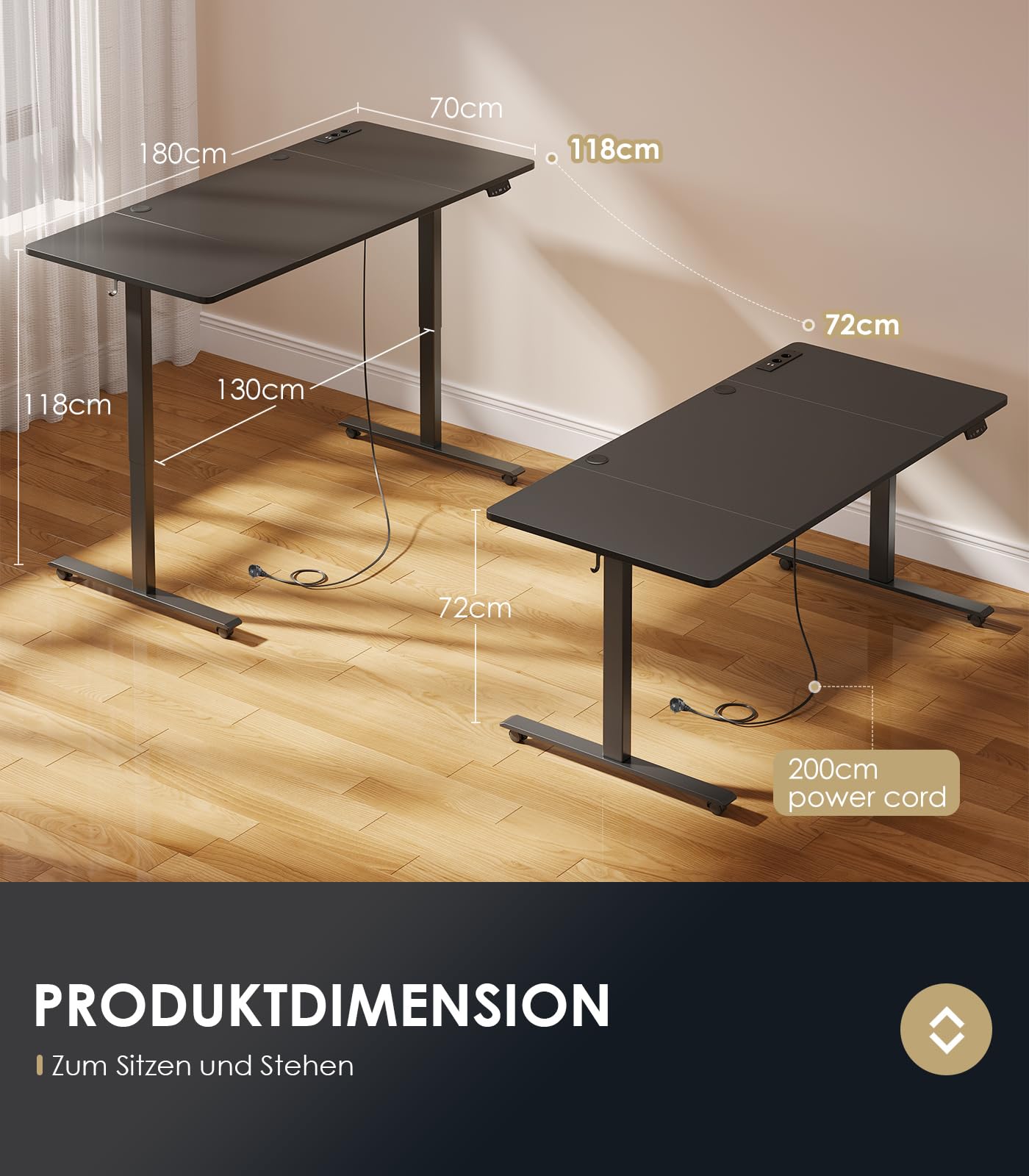 OffiGo Höhenverstellbarer Schreibtisch, 180cm, Elektrischer Schreibtisch mit USB, Schreibtisch Höhenverstellbar mit 2 Memory Funktion, Tisch Höhenverstellbar für Büro, Zuhause, Gaming, Schwarz