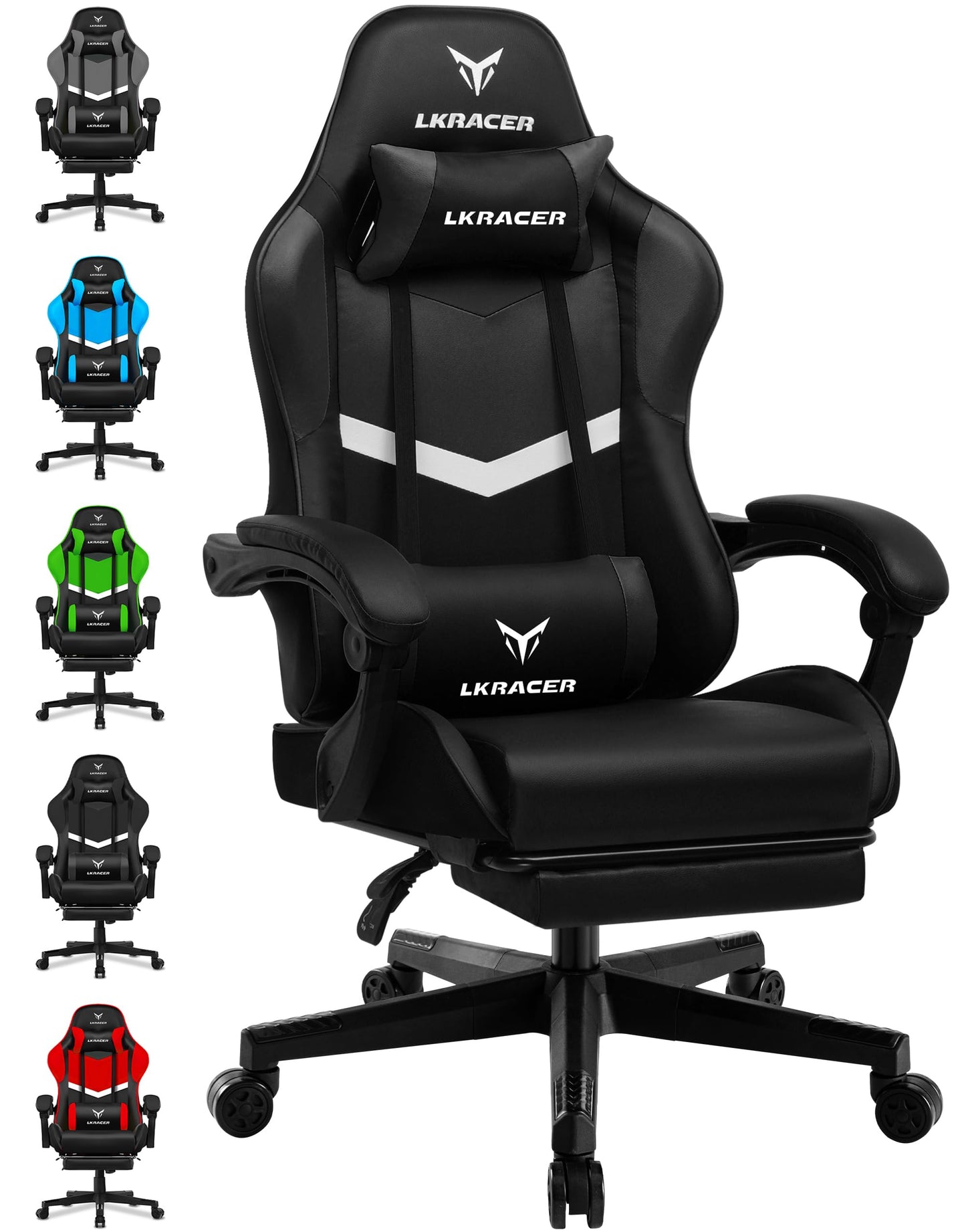 LUCKRACER Gaming Stuhl mit fußstütze Bürostuhl Ergonomisch mit verstellbare Lendenkissen, Kopfkissen Gaming Chair,Höhenverstellbarer Gamer Stuhl, 150 kg Belastbarkeit Grau