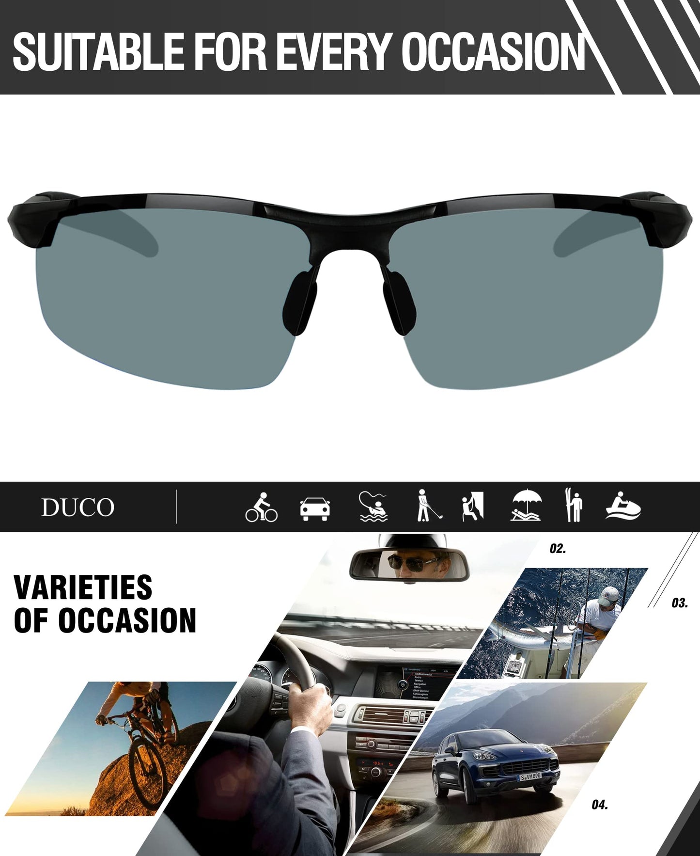 DUCO Herren Sportbrille Polarisierte Sonnenbrille Fahrerbrille Ultraleichte Al-Mg Metallrahmen UV400-Schutz Männer Sonnenbrillen 8177S