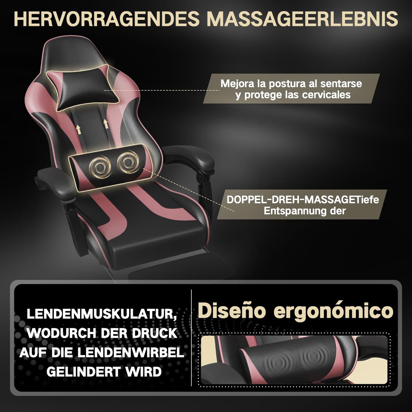 Devoko Massage Gaming Chair, Office Chair with Footrest and Massage Lumbar Cushion, Gamer Chair with Headrest, Ergonomic Gaming PC Chair 150 kg Load Capacity, Black