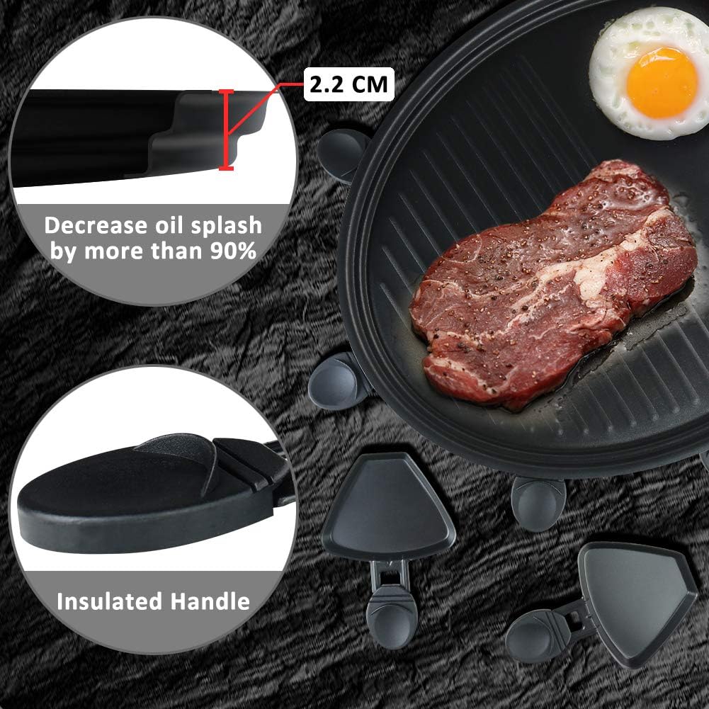Raclette 8 Personen -Grillplatte mit Antihaftbeschichtung, Temperaturregulierung,Ideal für Indoor-Grillen|Inkl. 8 Raclette-Pfännchen &Holzspachtel|Schnellaufheizend & Spülmaschinengeeignet (Ø40cm)