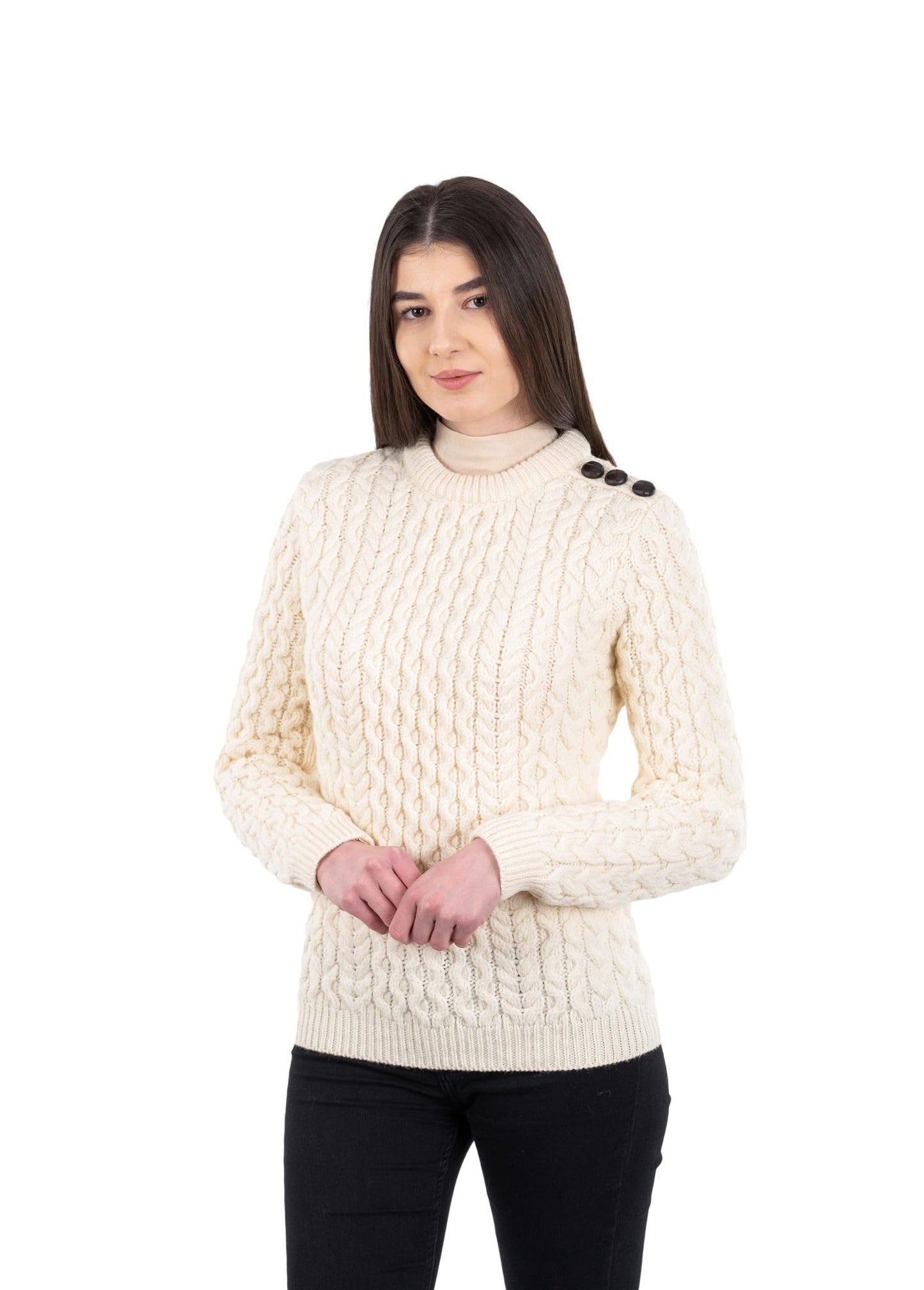 SAOL Women’s Merino Wool Sweater – Aran Knit with Side Buttons