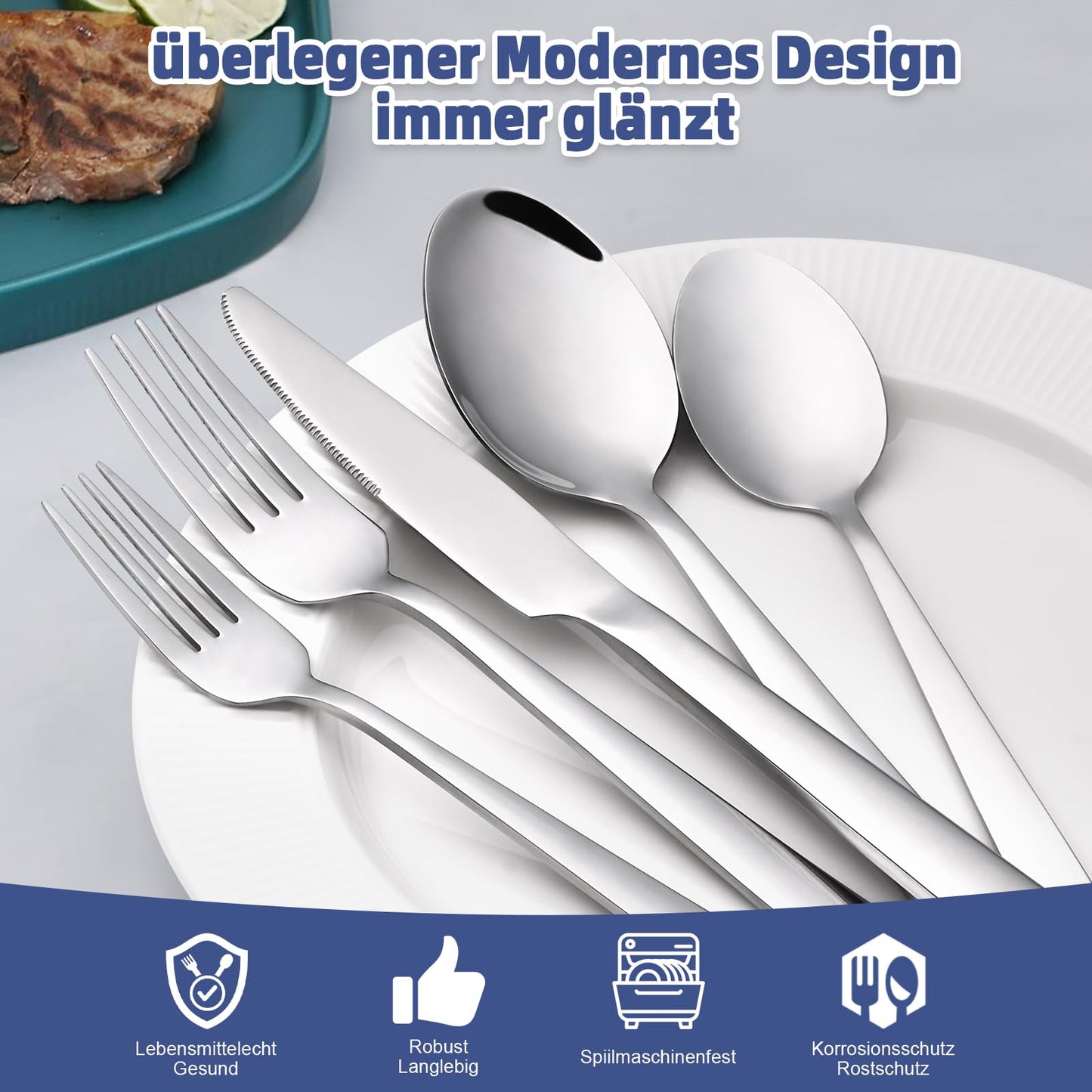 Besteck Set 6 Personen, Bastwe 36 teiliges Edelstahl Besteckset mit Steakmesser, Hochwertiges Messer Gabel Löffel für Familie/Party/Hotel, Hochglanzpoliert & Spülmaschinenfest