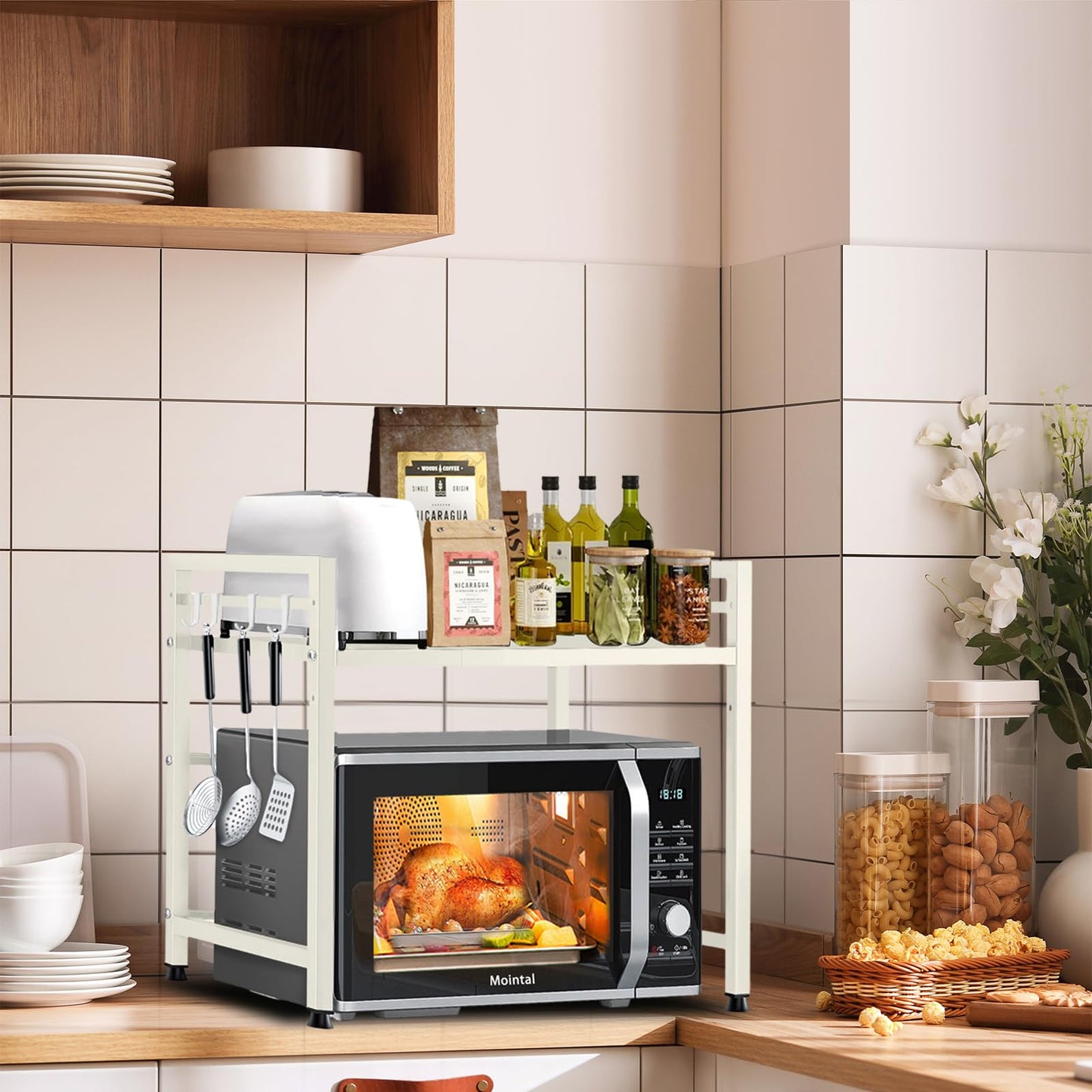 Mointal Verstellbares Mikrowellenregal, 2-Stufig Erweiterbares Küchen Mikrowelle Ständer Regal, Mikrowellenhalter aus Kohlenstoffstahl, Küchenaufbewahrung Organizer mit 8 Haken, Schwarz