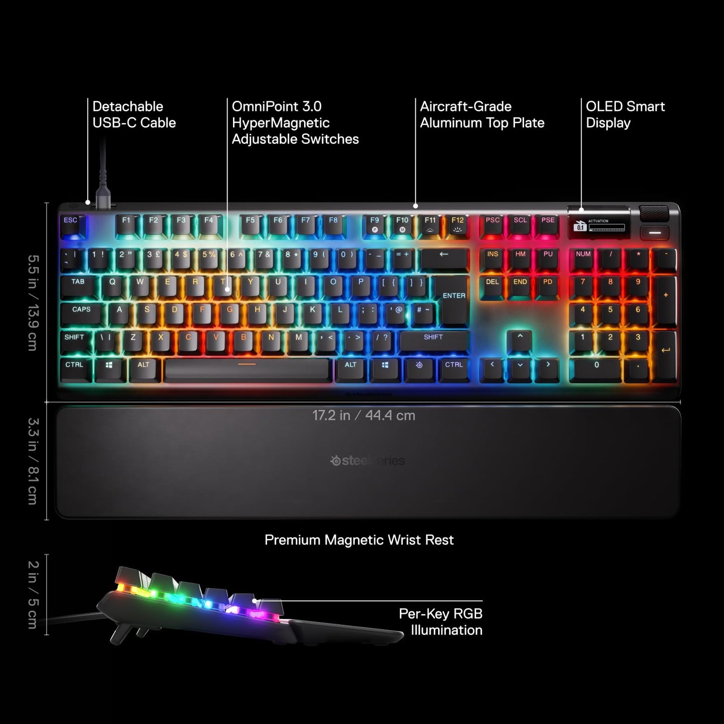SteelSeries Apex Pro Gen 3 - HyperMagnetic Gaming-Tastatur - OmniPoint 3.0 Switches - anpassbares Ansprechverhalten - Rapid Trigger - Rapid Tap/SOCD - OLED - RGB - PBT-Keycaps - DE Layout QWERTZ