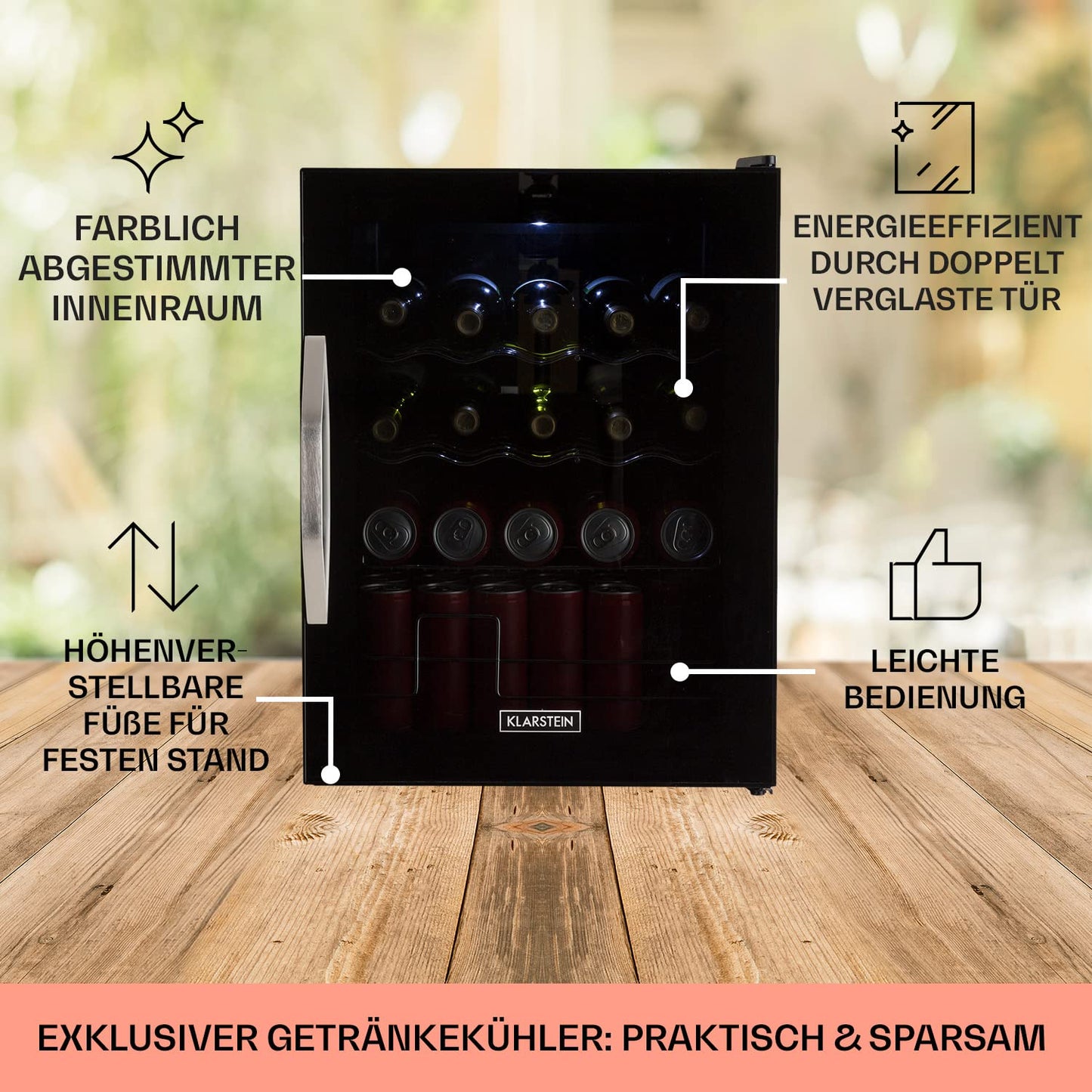 Klarstein Mini Fridge with Glass Door, Mini, for Room, Drinks Fridge Small with Adjustable Shelves, with Waveform Racks, 60 Liter Refrigerator Quiet