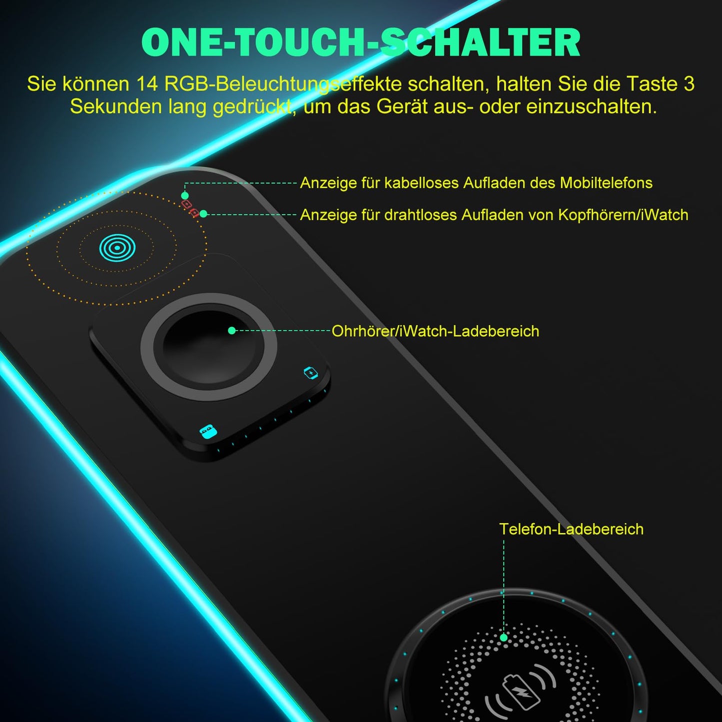 RGB Gaming Mauspad 15W Qi Mousepad LED, 10 Beleuchtungsmodi mit 15W Schnellladung Qi Kabelloses Laden für I-Phone Handy, Kopfhörer, Wasserdicht, rutschfest für Gaming, Schreibtische, PC und Büro