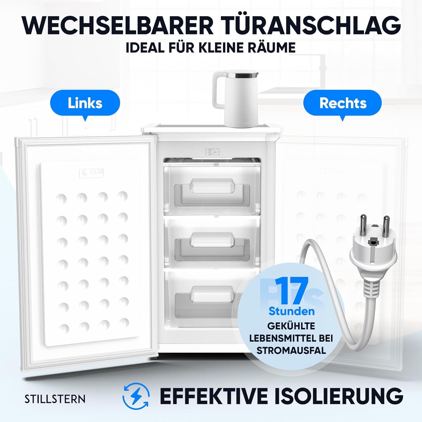 Stillstern freezer C (73L) 4-star freezer compartment -18°C, low energy consumption, 3 compartments, continuously adjustable temperature, reversible door hinge, small freezer, deep freezer