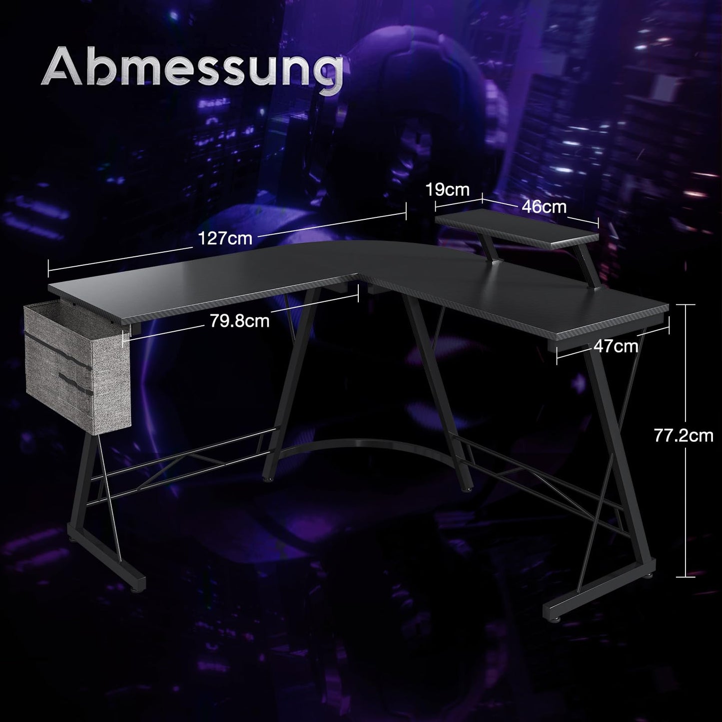 ODK Gaming Tisch, Gaming Schreibtisch Eckschreibtisch für Gamer, Schreibtisch L Form mit Monitorständer für Büro (Schwarz, 127 x 127 cm)
