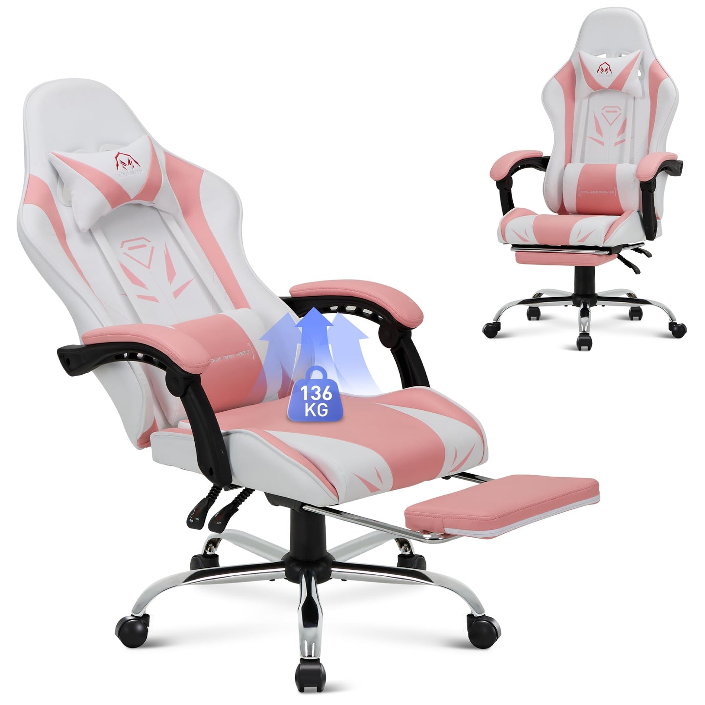 COLAMY Gaming Stuhl, Computer Stuhl mit Fußstütze und Lendenwirbelstütze, höhenverstellbarer Gaming Chair mit 360°-Drehsitz und Kopfstütze, Video Gamer PC Stuhl, Ergonomische hohe Rückenlehne, Weiß