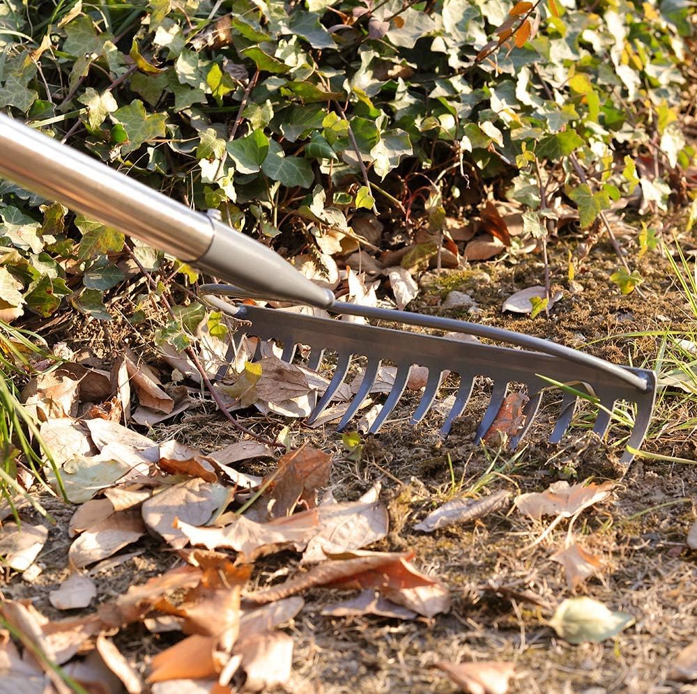 Laubrechen mit 14 Zähnen, Gartenharke aus Metall, Breite Harke mit 152 cm langem Metallstiel, Gartengerät zum Jäten, düngen, Gartenrechen für Rasen und Blätter