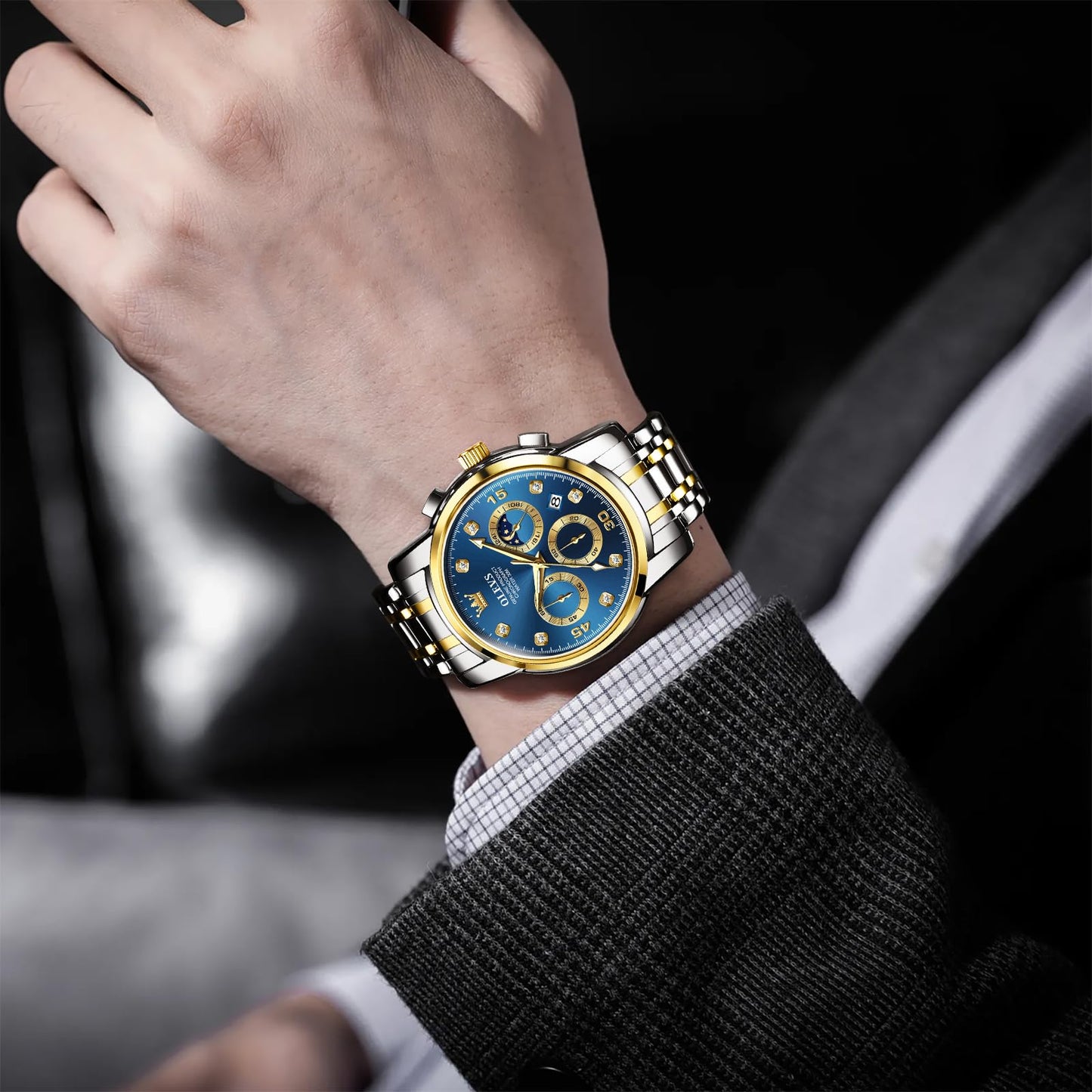 OLEVS Uhren Herren, Edelstahl Analoger Quarzuhr, Multifunktionale Diamanten Herrenuhren, Klassisches Luxuskleid Herrenuhr