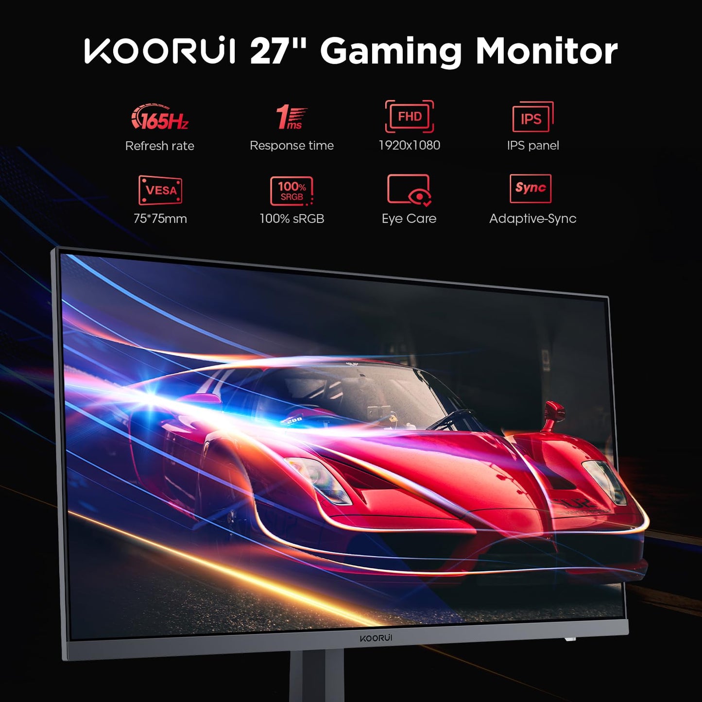 KOORUI Gaming Monitor 27 Zoll, 170Hz, IPS, 2K QHD(2560 x 1440p), HDR 400, 1ms, Adaptive Sync, DisplayPort, HDMI, 100% sRGB, Höhenverstellbar, Augenpflege, VESA 75x75